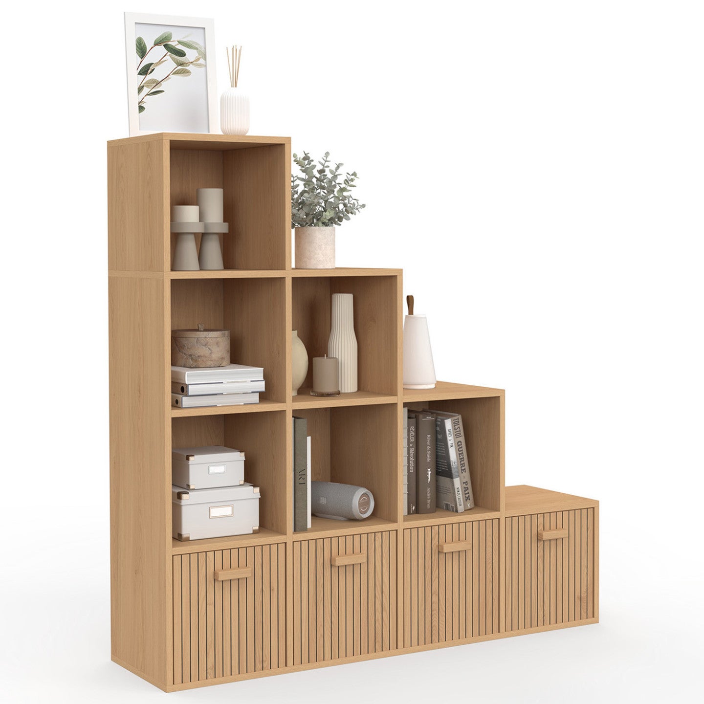 Meuble de rangement en escalier LORYS 4 niveaux effet lattes JULIETTE avec 4 tiroirs en tissu - 2