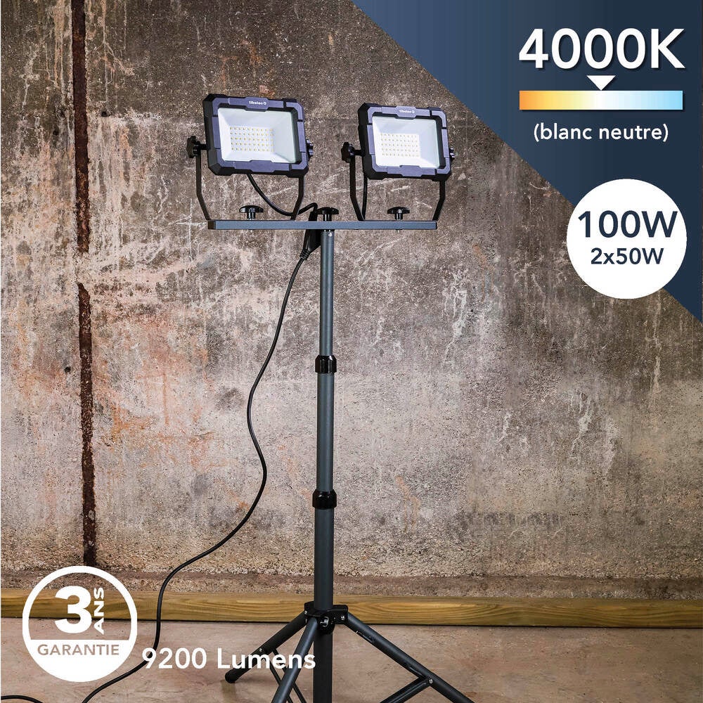 Projecteur LED de chantier filaire sur pied télescopique 2x50W, 2x4600 lumens, IP65, IK07, 4000K, garantie 3 ans - Tibelec - 2
