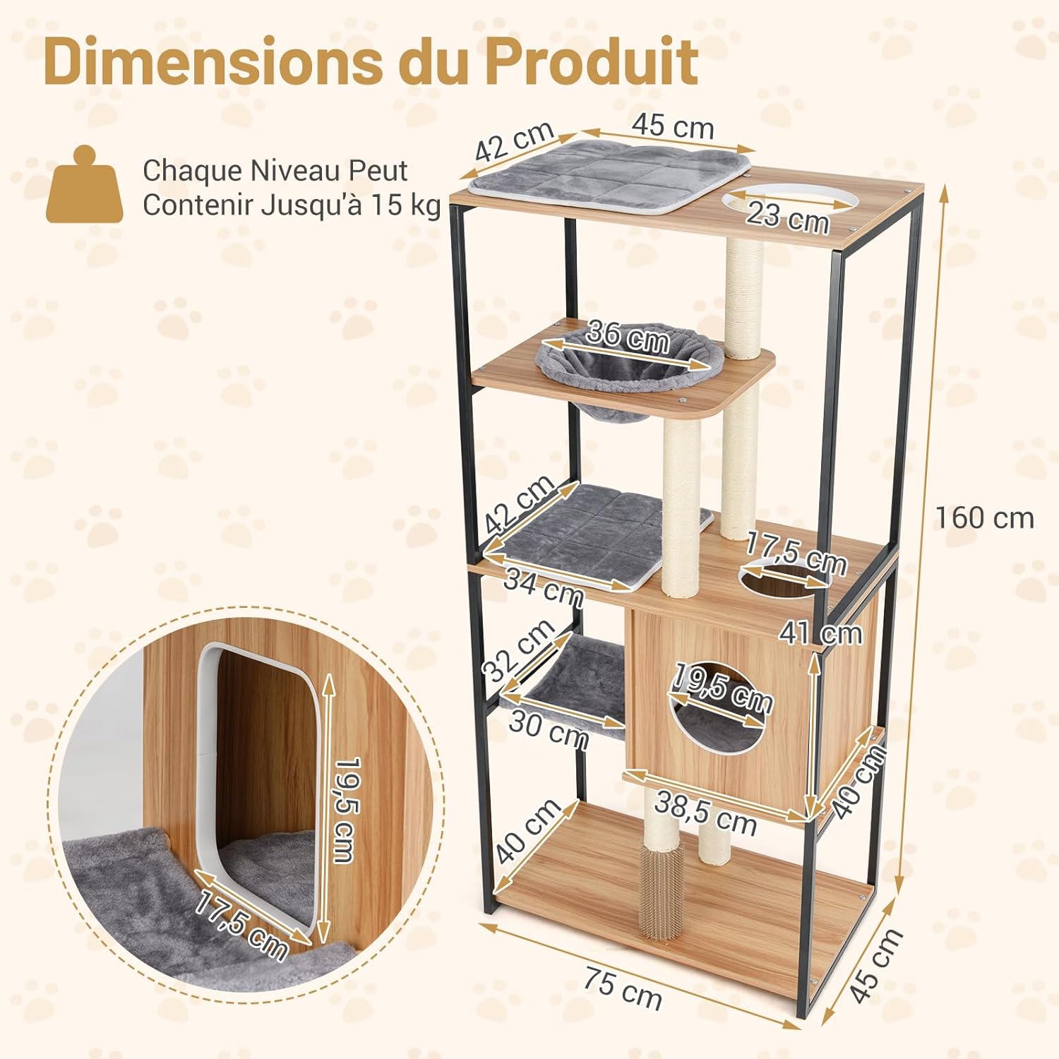 Árbol para Gatos con Estructura de Metal, Árbol Rascador para Gatos 160 cm 5 Niveles con Percha Acolchada, Amplias Plataformas, Hamaca, Rascador, - 3