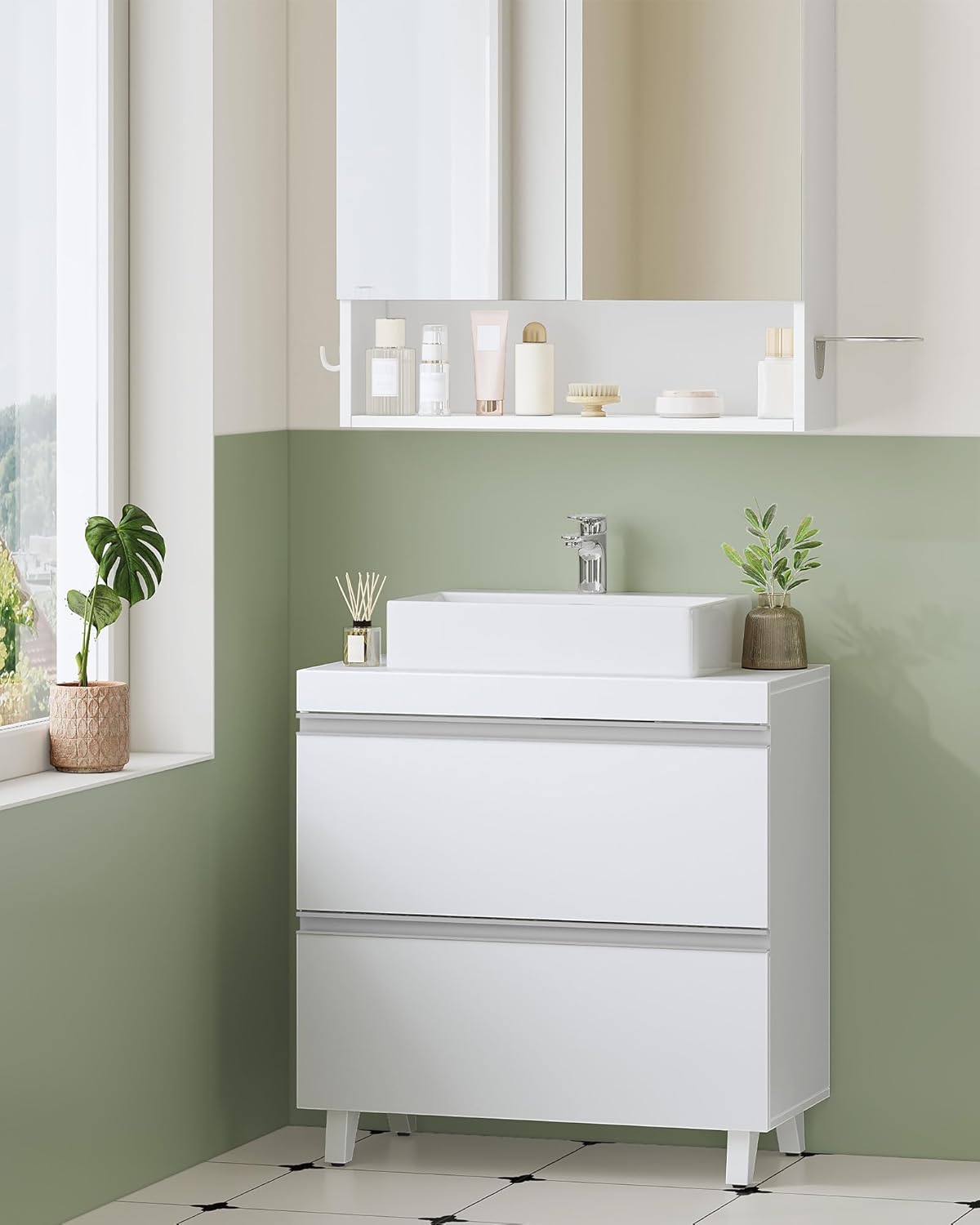 Mobile Sottolavabo per Bagno, Mobiletto da Bagno, 3 Cassetti, Piedini, indipendente, moderno, 30 x 60 x 64 cm, Bianco - 7