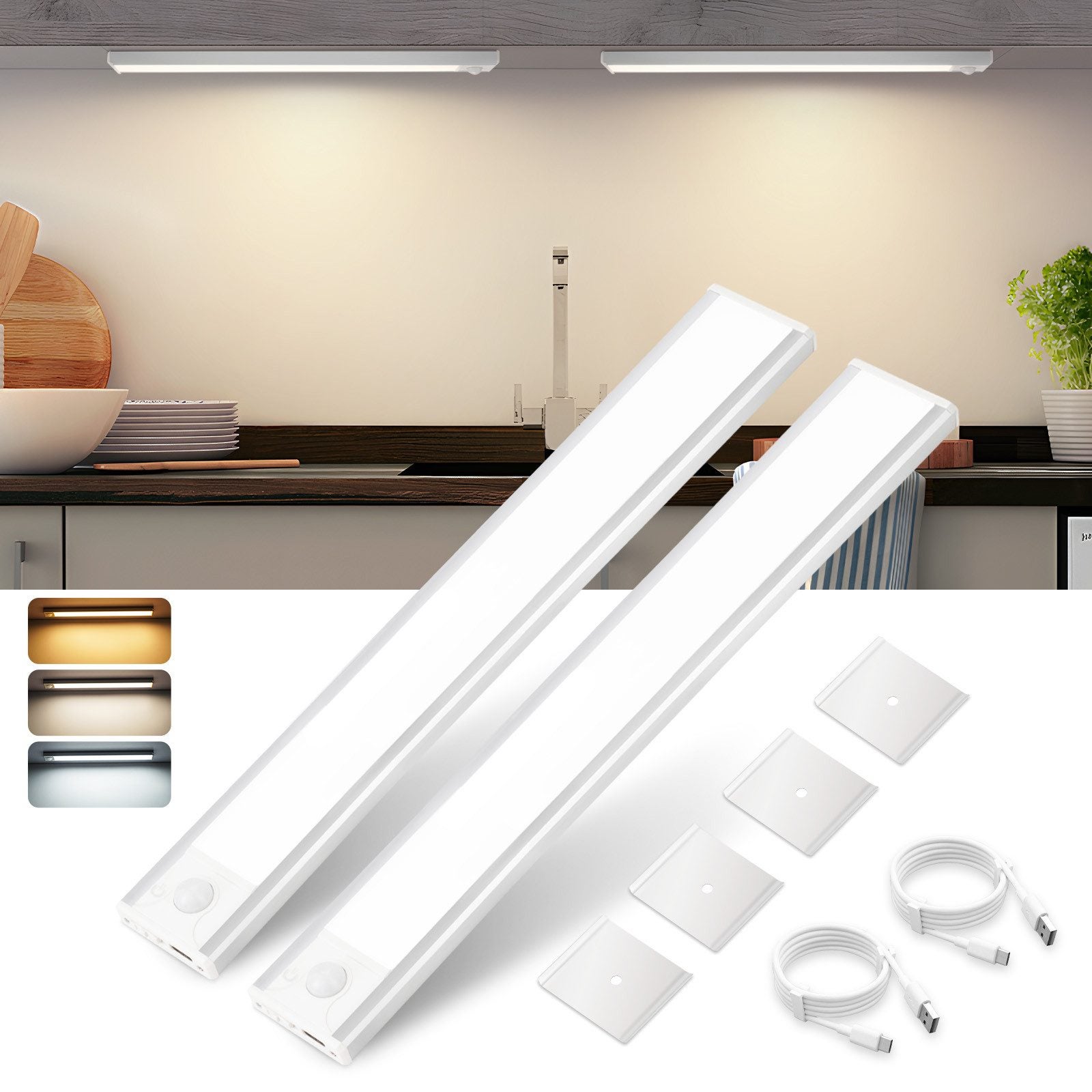 NETTLIFE 2 x lampa podszafkowa LED z czujnikiem ruchu, ładowana przez USB, 1500 mAh, idealna do szafy, korytarza lub szafki