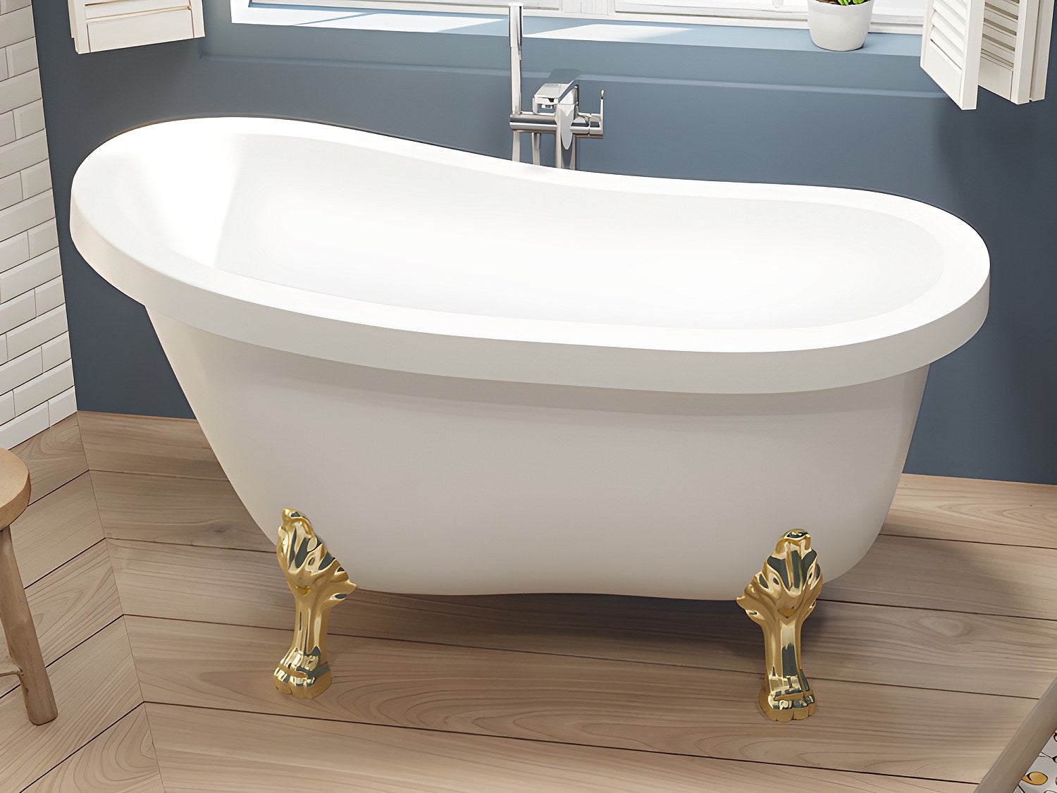 Wanna wolnostojąca retro ze złotymi nogami w kształcie lwich łap – 200 l – 145 x 74 x 77 cm – Biała – NISOS