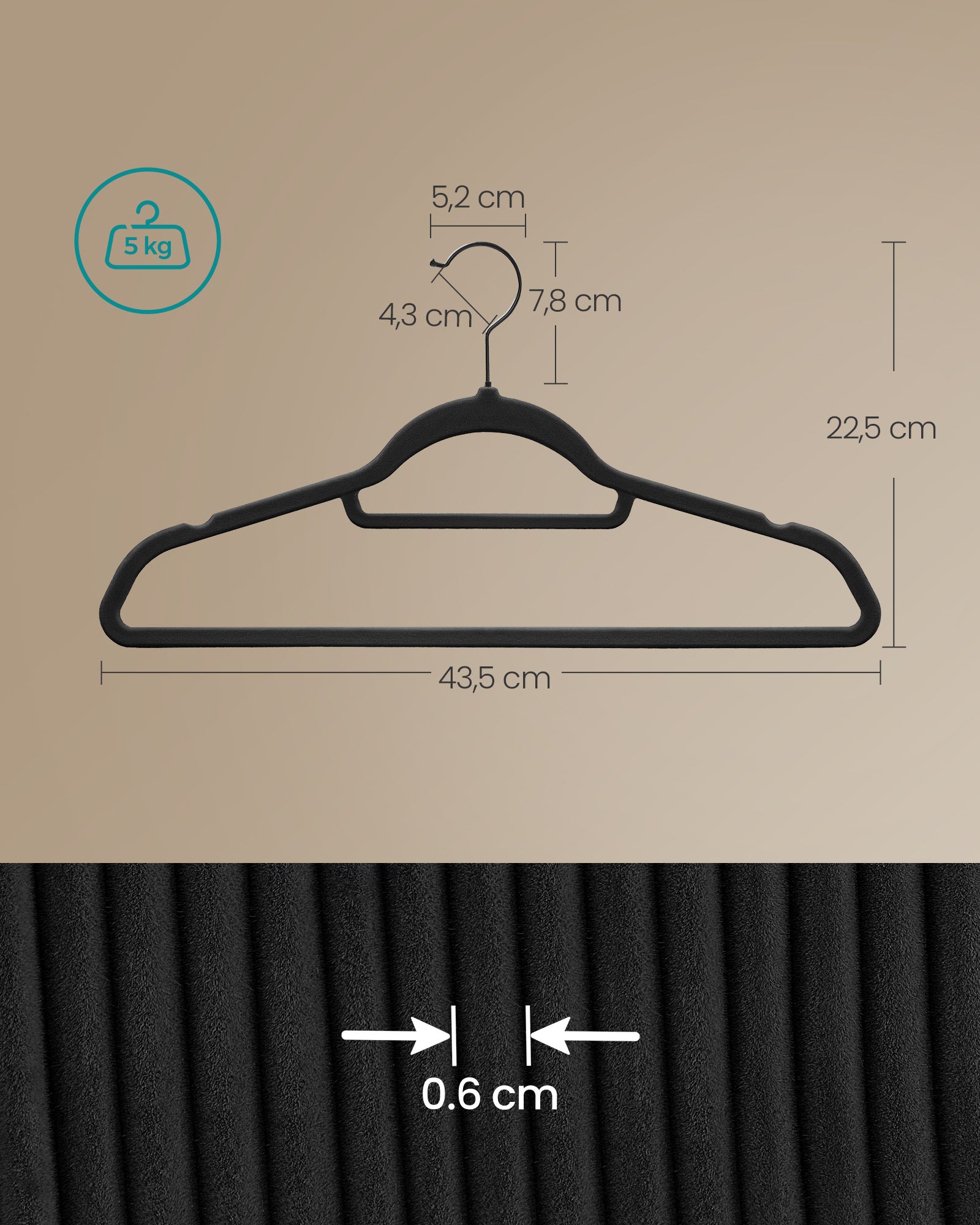 50 Cintres en Velours, Antiglisse, avec Barre à Cravate et Crochet Pivotant à 360°, Épaisseur 0,6 cm, Gain de Place, Longueur 43,5 cm, Noir d'Encre - 5