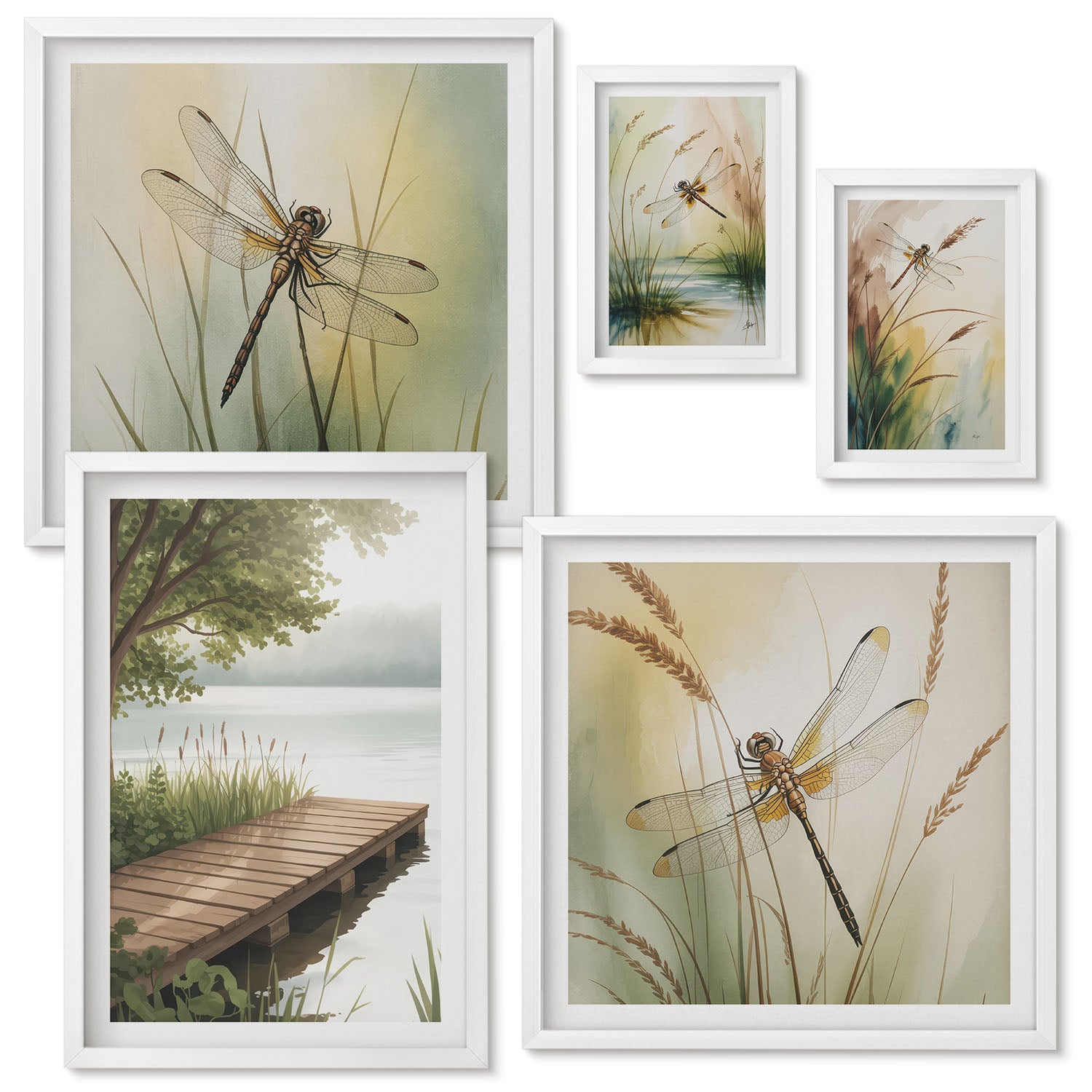 Ensemble de 5 tableaux encadrés | Paysages paisibles avec des ...