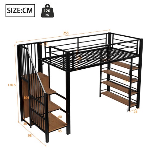 Lit mezzanine 90x200, avec escalier de sécurité, rangements, petite penderie et étagères, design haute clôture, lit adolescent, noir - 6