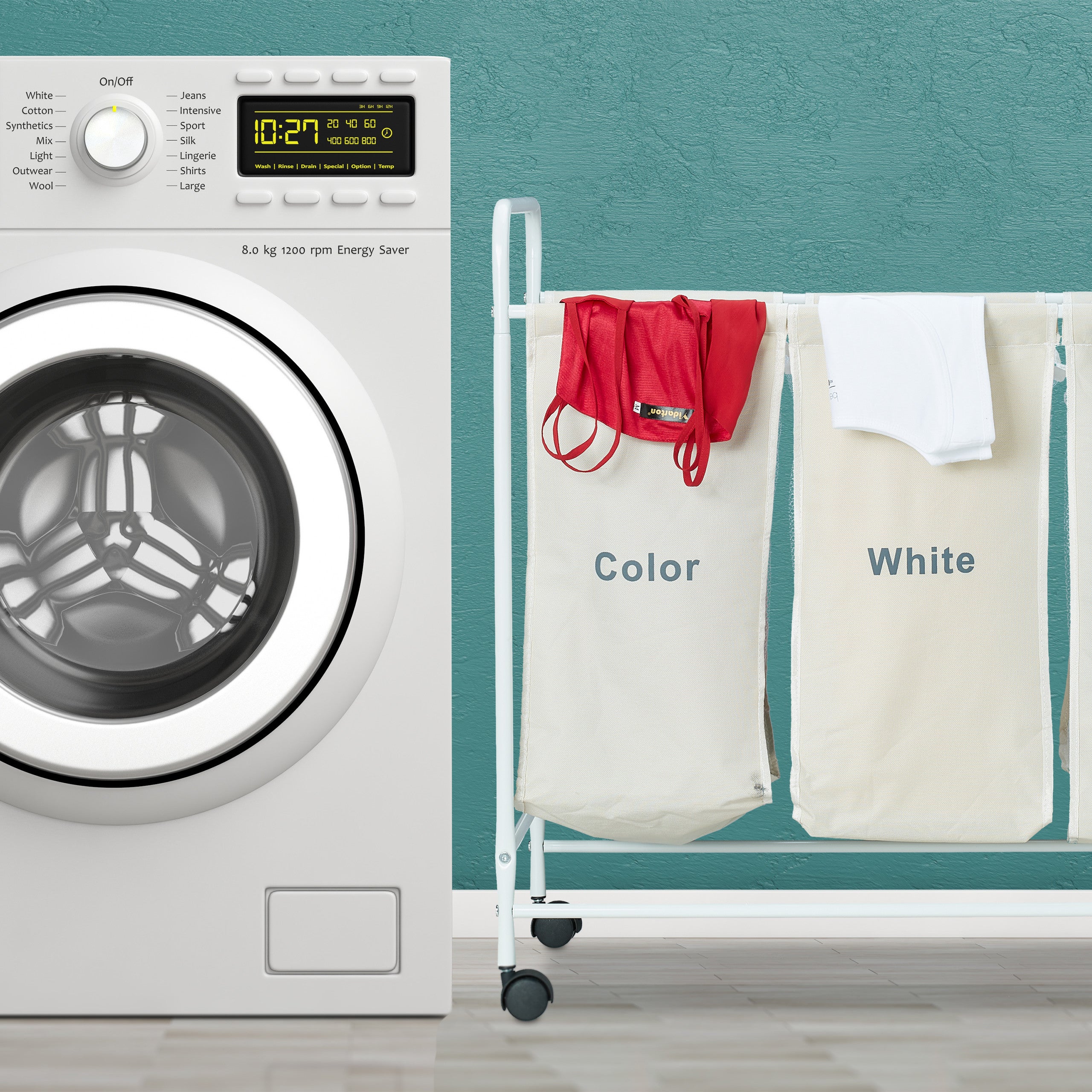 Panier à linge 3 Compartiments, 100 litres Corbeille 3 bacs Sac a Linge roulettes, 76 x 80 x 46cm, beige, Relaxdays - 5