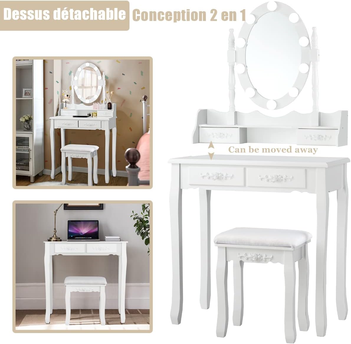 Toeletta da Trucco con 10 Luci LED, Tavolo da Trucco con Specchio Ovale Illuminato, Toeletta con 4 Cassetti e Sgabello Imbottito per Camera da - 4