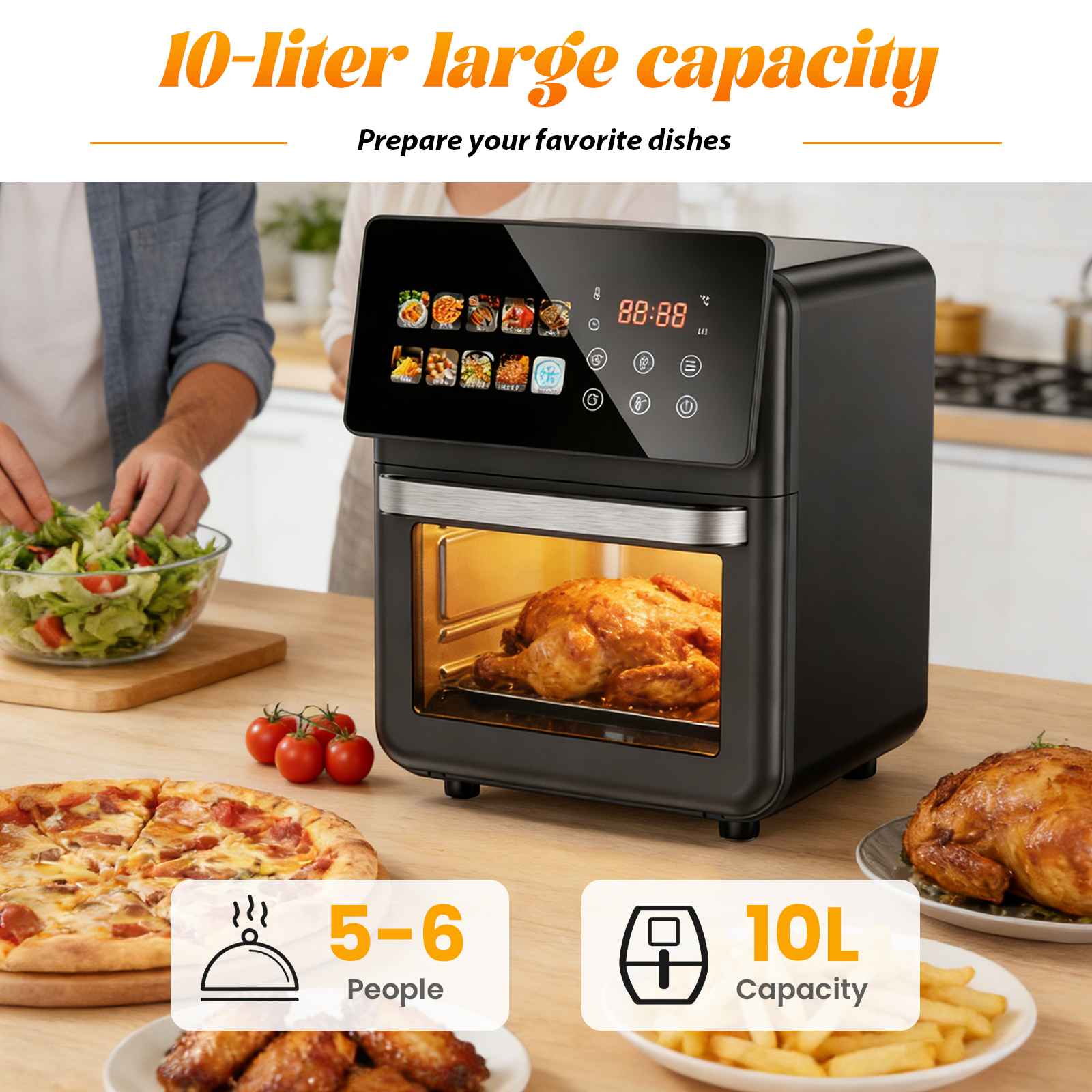 Four à air intelligent 10L écran tactile 12 programmes cuisson saine sans huile grande capacité famille 5-6 fenêtre transparente air chaud - 2