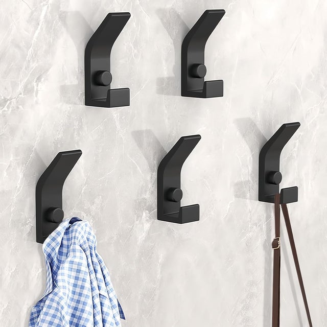 5 ganchos murales metal negro, con tornillos, para baño/dormitorio/armarios.