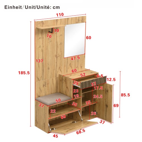 Ensemble de garde-robe, armoire compacte, armoire de couloir avec miroir et coussins, armoire à chaussures, 110 x 185,5 x 37cm - 5