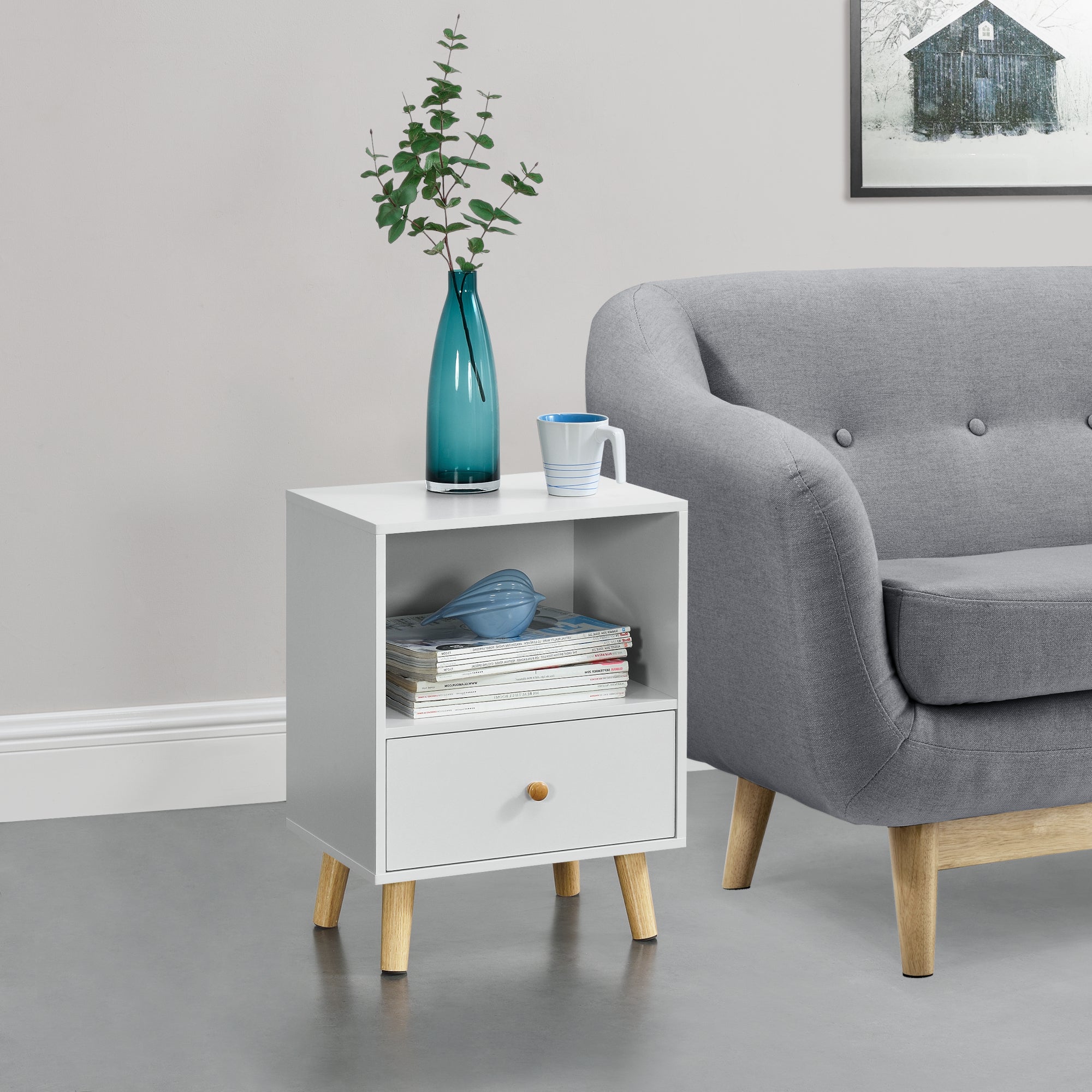 Comodino Moderno In Legno Con Cassetto 40x40x60cm - Tavolino Bianco Per Camera Da Letto