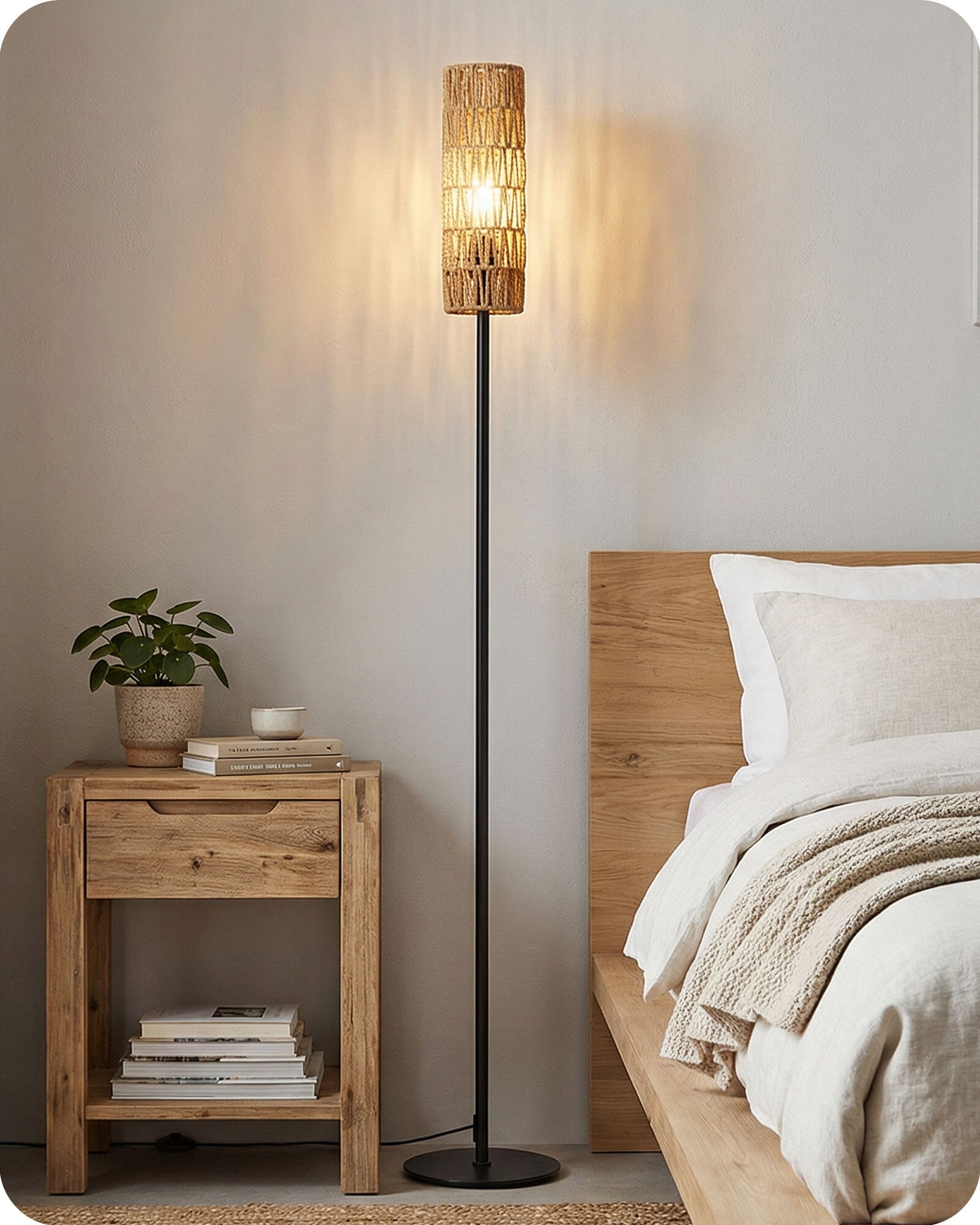 EDISHINE Lampadaire sur Pied Salon 165 cm, avec E27 Ampoule LED 2700K, Interrupteur à Pédale, Abat-jour en Corde Tissée - 2