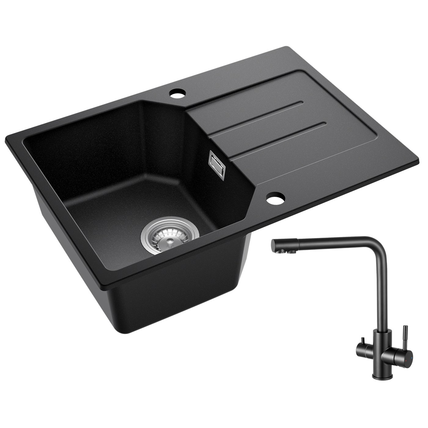 Anycee max fregadero de granito negro 65 x 45 cm, fregadero de 1 cubeta, fregadero bajo encimera con repisa, grifo de cocina 3 en 1