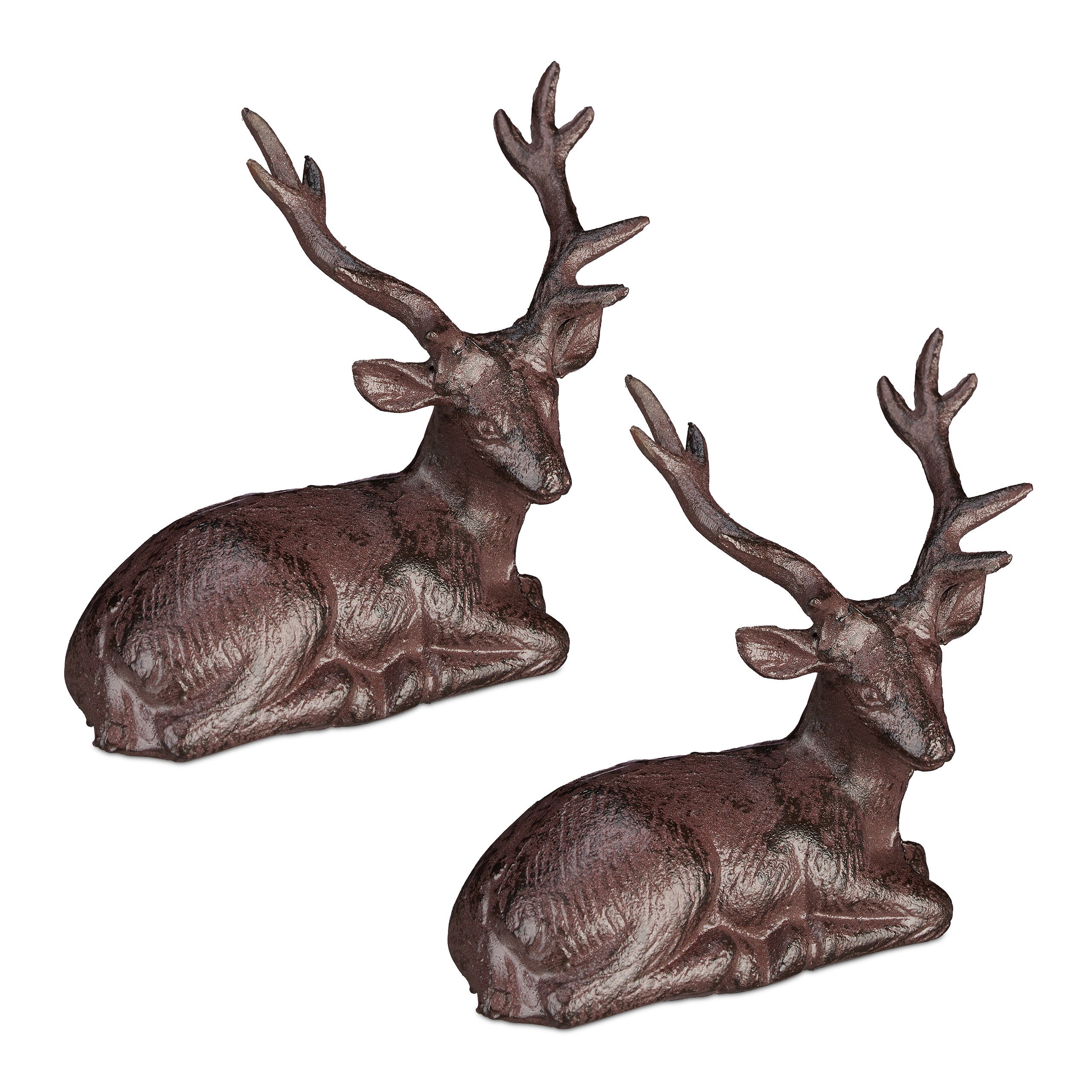 2 x figura ciervo, ciervo tumbado decorativo, rústico, resistente a intemperie, jardín, balcón, hierro fundido, marrón