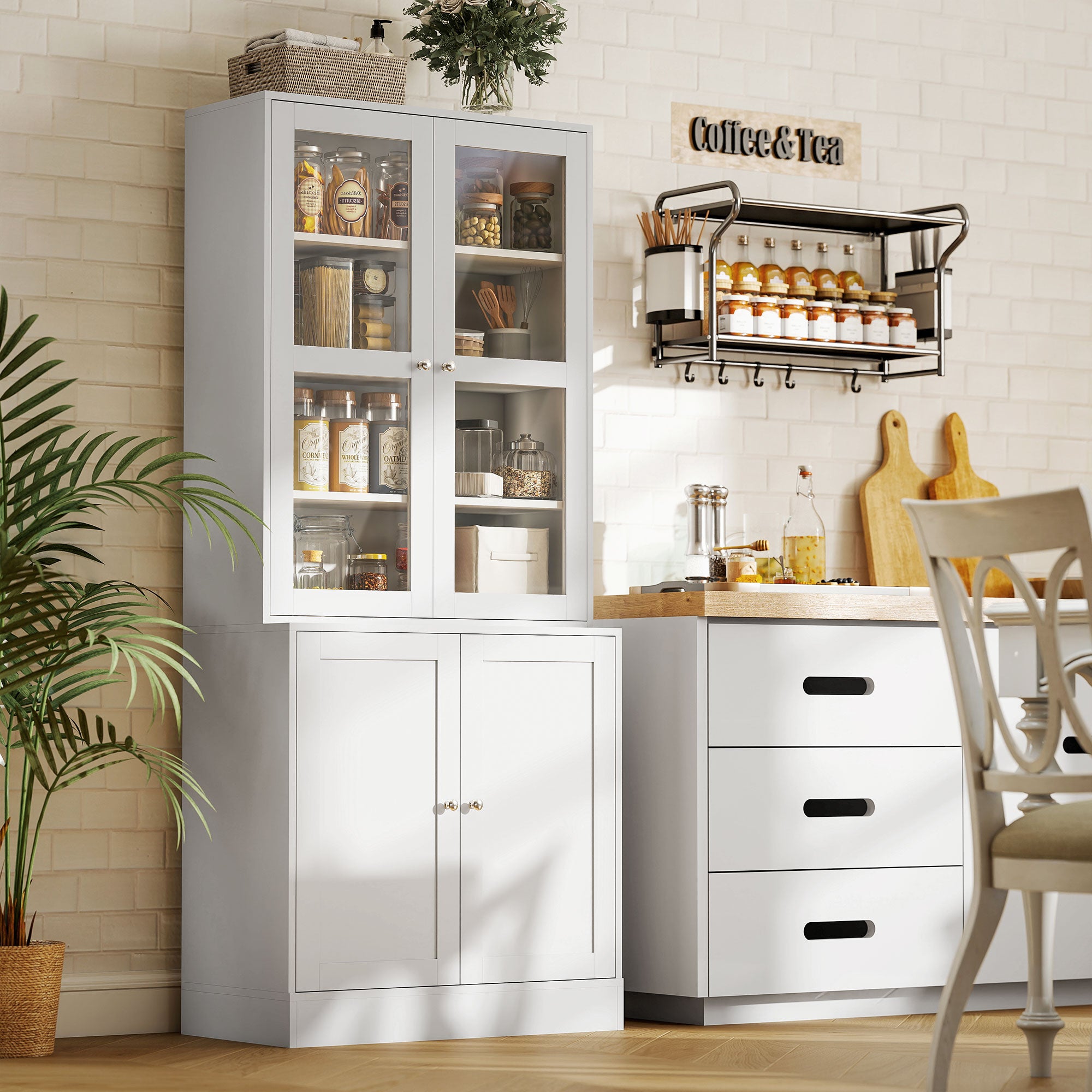 Bibliothèque vitrine, buffet salon, meuble de rangement avec 2 portes verre, 2 portes bois, 4 étagères réglables, pour salon, bureau, chambre, blanc - 9