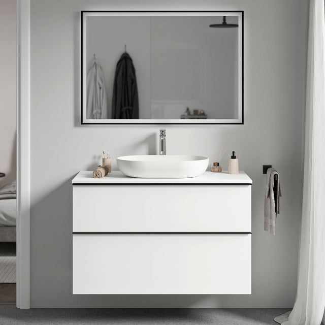 BERNSTEIN - Meuble sous vasque suspendu MDF Blanc mat, plan vasque Blanc mat, poignée Anthracite mat - 100x46x62cm - LAVOA
