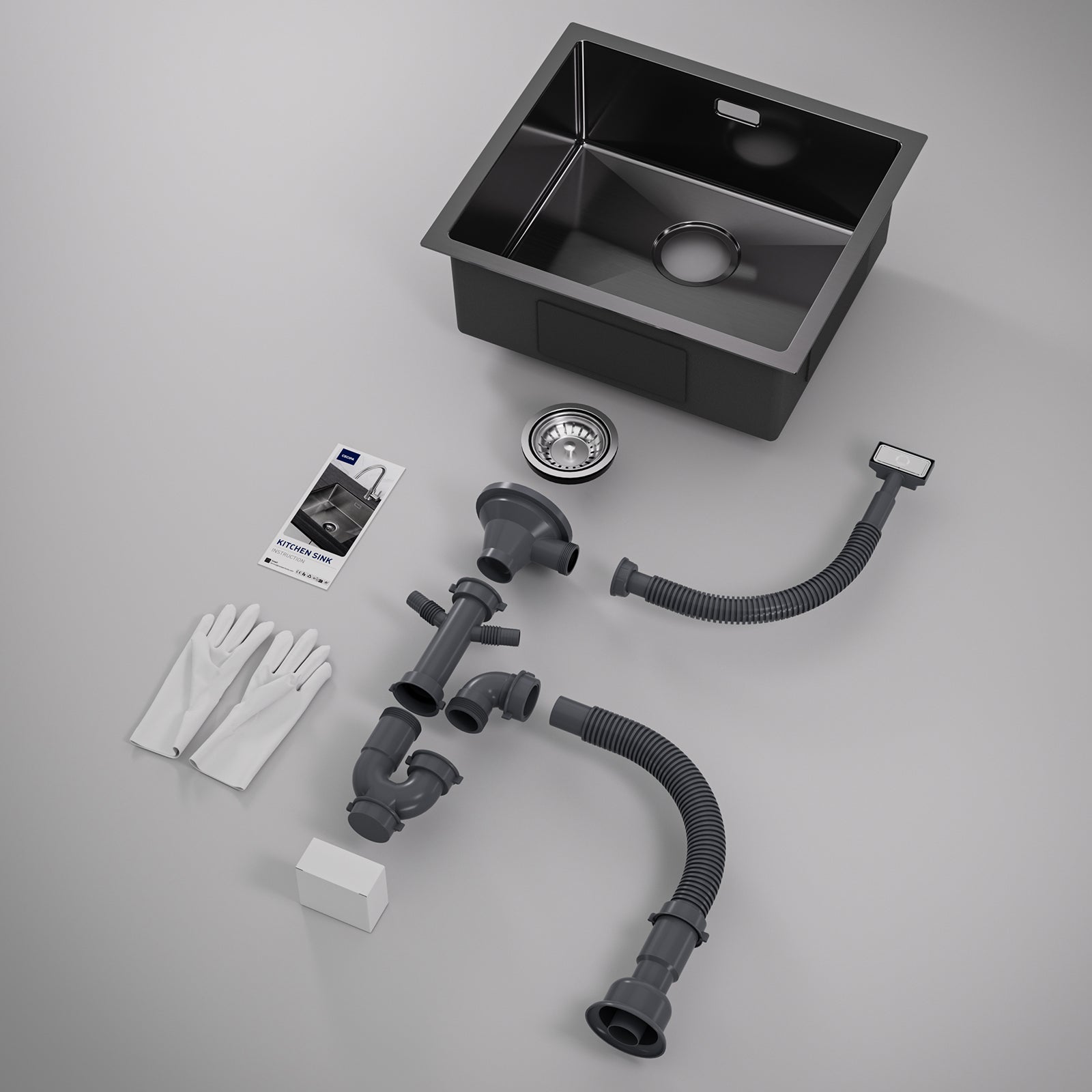 Évier de Cuisine 1 Bac 50x44x19CM, Noir Évier Inox avec Siphon et Trop Plein Évier Montage à Encastrer/ Sous-Plan (Distributeur de savon non inclus) - 9