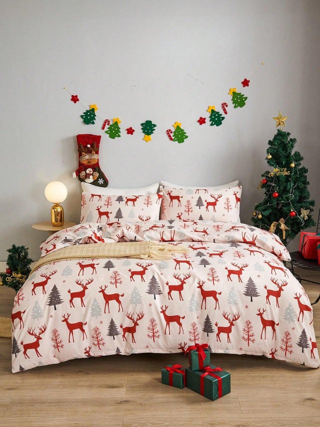 Parure de lit de Noël - Imprimé Noël pour enfants - Décoration d'intérieur avec élan, renne, cerf, 240 cm x 220 cm