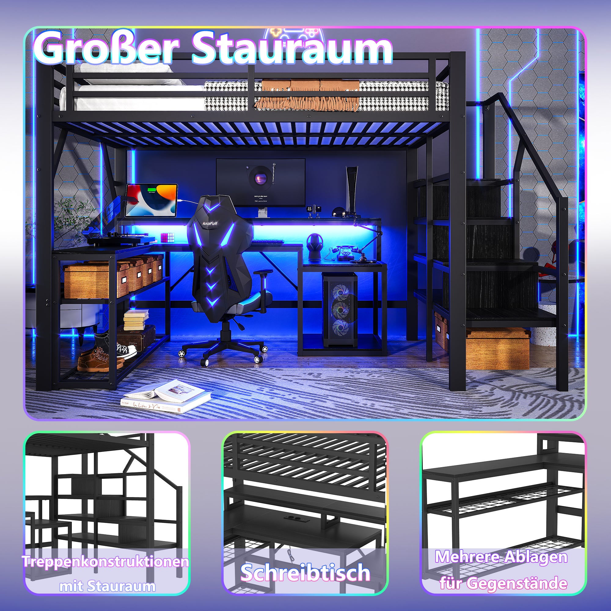 Lit mezzanine 140 x 200 cm avec LED et port USB et bureau, rangements et escalier avec stockage, garde-corps sécurité, sans matelas, Noir - 7