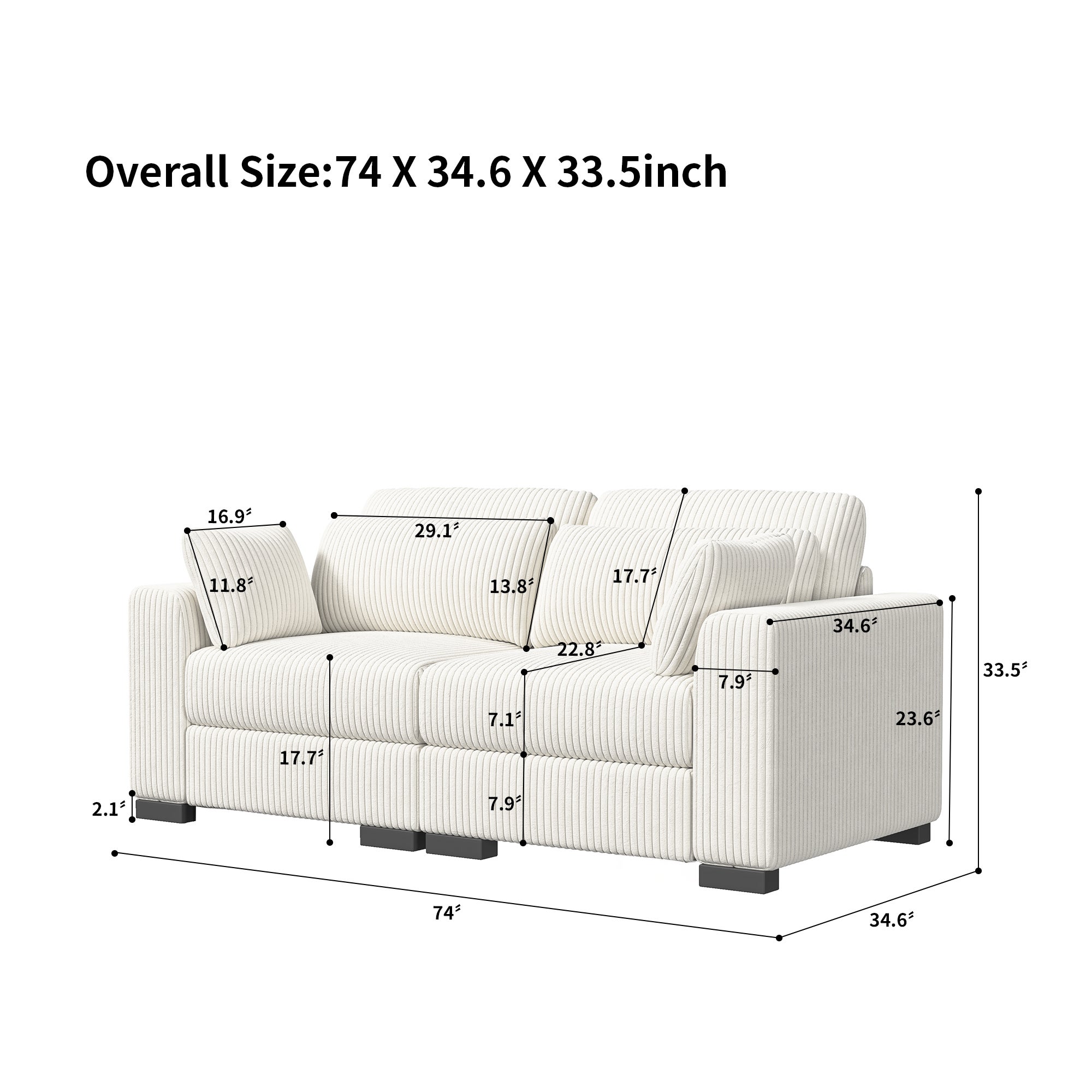 Canapé Convertible 2 Places en Velours Côtelé, Canapé Modulable Canapé d'angle Convertible pour Salon, Chambre, Beige(87.8 x188x 85 cm) - 2