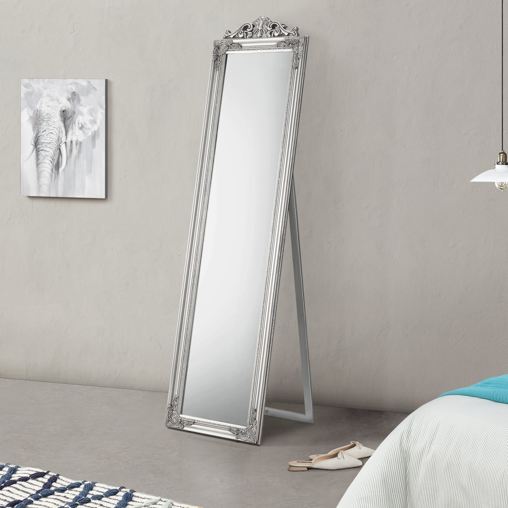 [En.casa] [En.casa] Espejo De Pie Arezzo Con Estilo Barroco Inclinable Marco Eucalipto 160 X 40 Cm, Plateado , Leroy Merlin