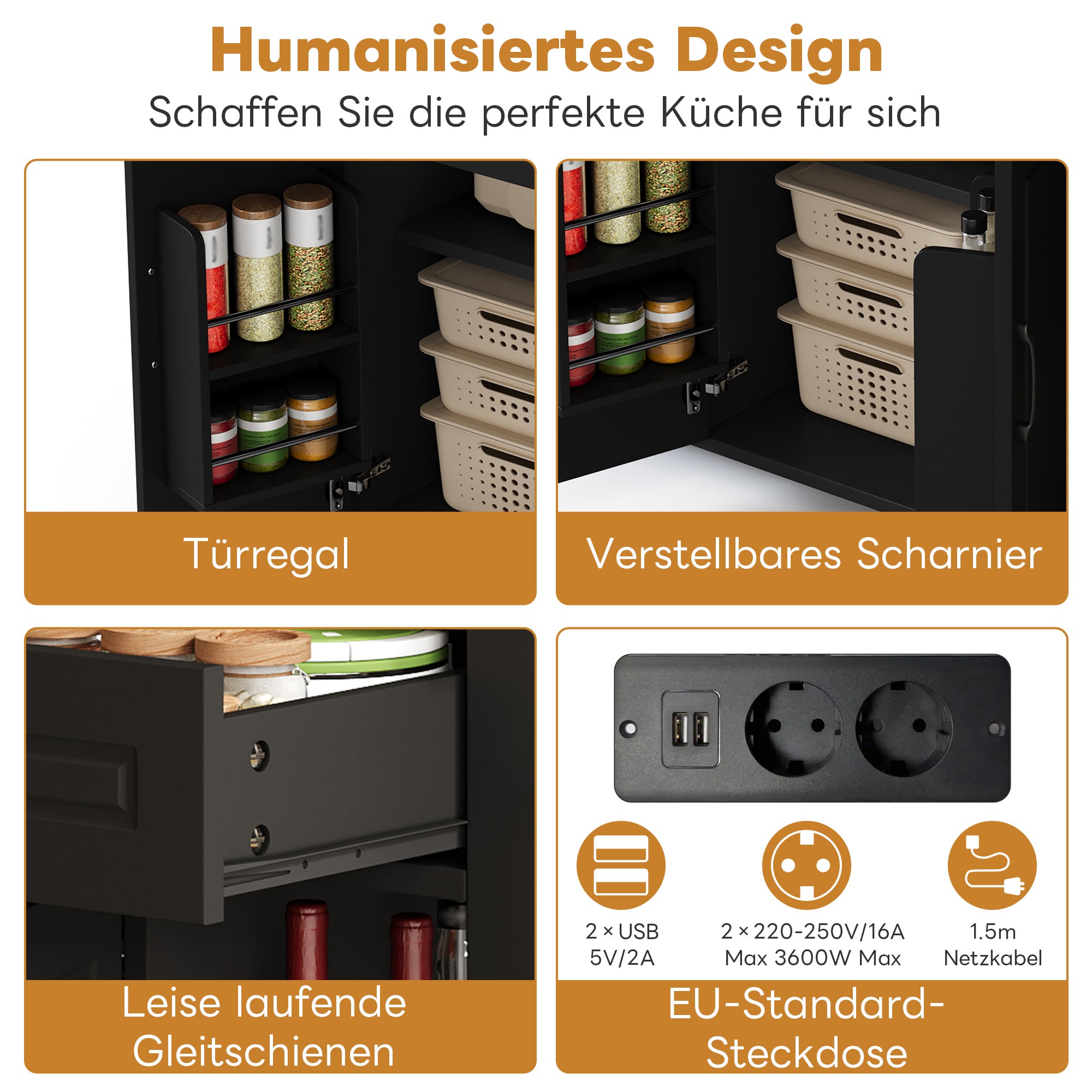 Isola cucina con tavolo bar estensibile - 2 ante, 2 cassetti e 4 scomparti - Porta di ricarica - 120 x 50/77 x 93 cm - MDF - Nero - 3