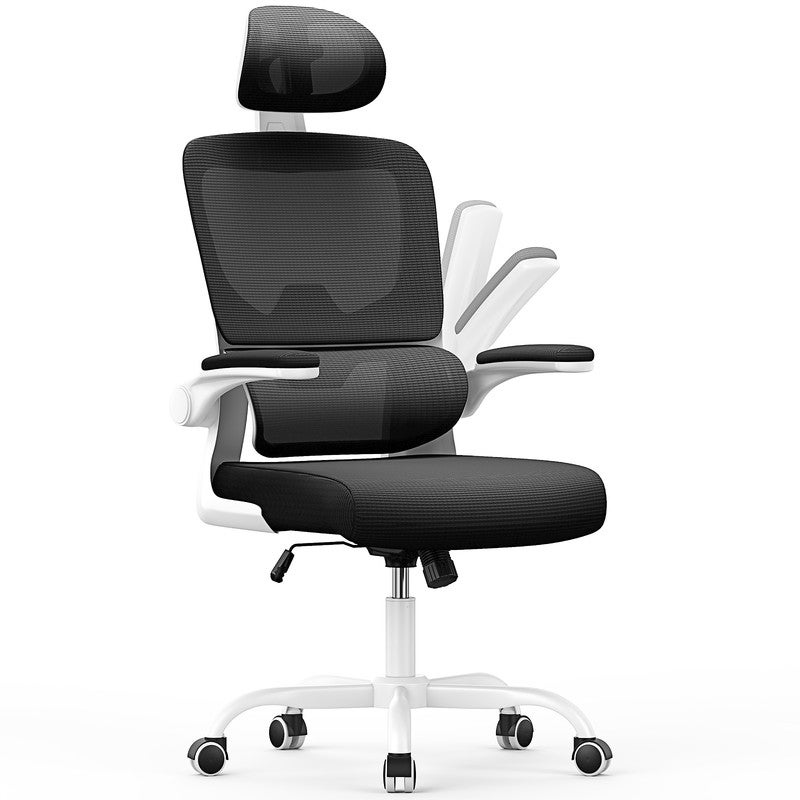 Ergonomiczny fotel biurowy - Fotel RATTANTREE - z podłokietnikiem składanym pod kątem 90° - Podparcie lędźwiowe - Regulowana wysokość Biały