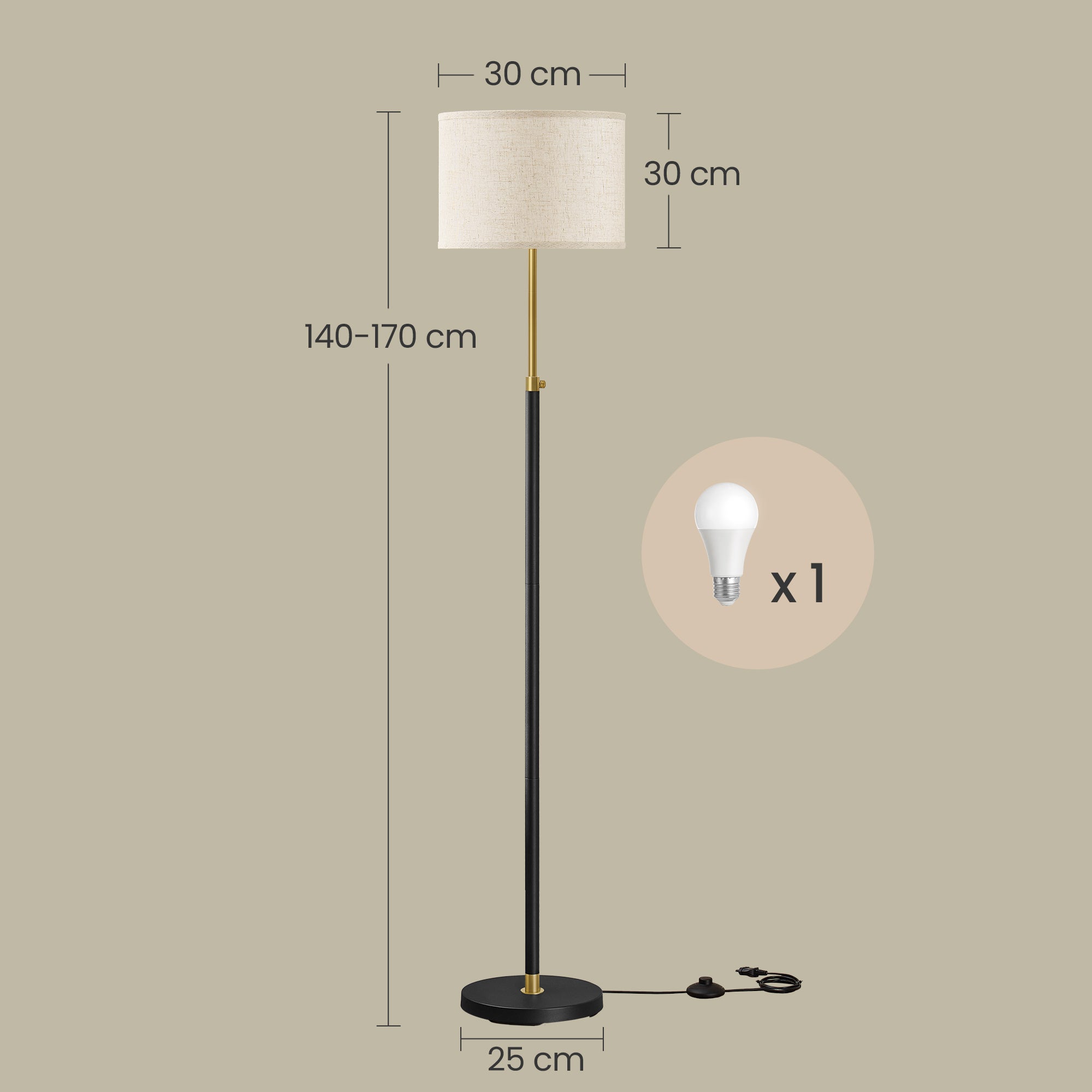 Lampe sur Pied, Douille E27, Hauteur Réglable de 140 à 170 cm, Interrupteur au Pied, Abat-Jour en Tissu, Doré et Noir - 5