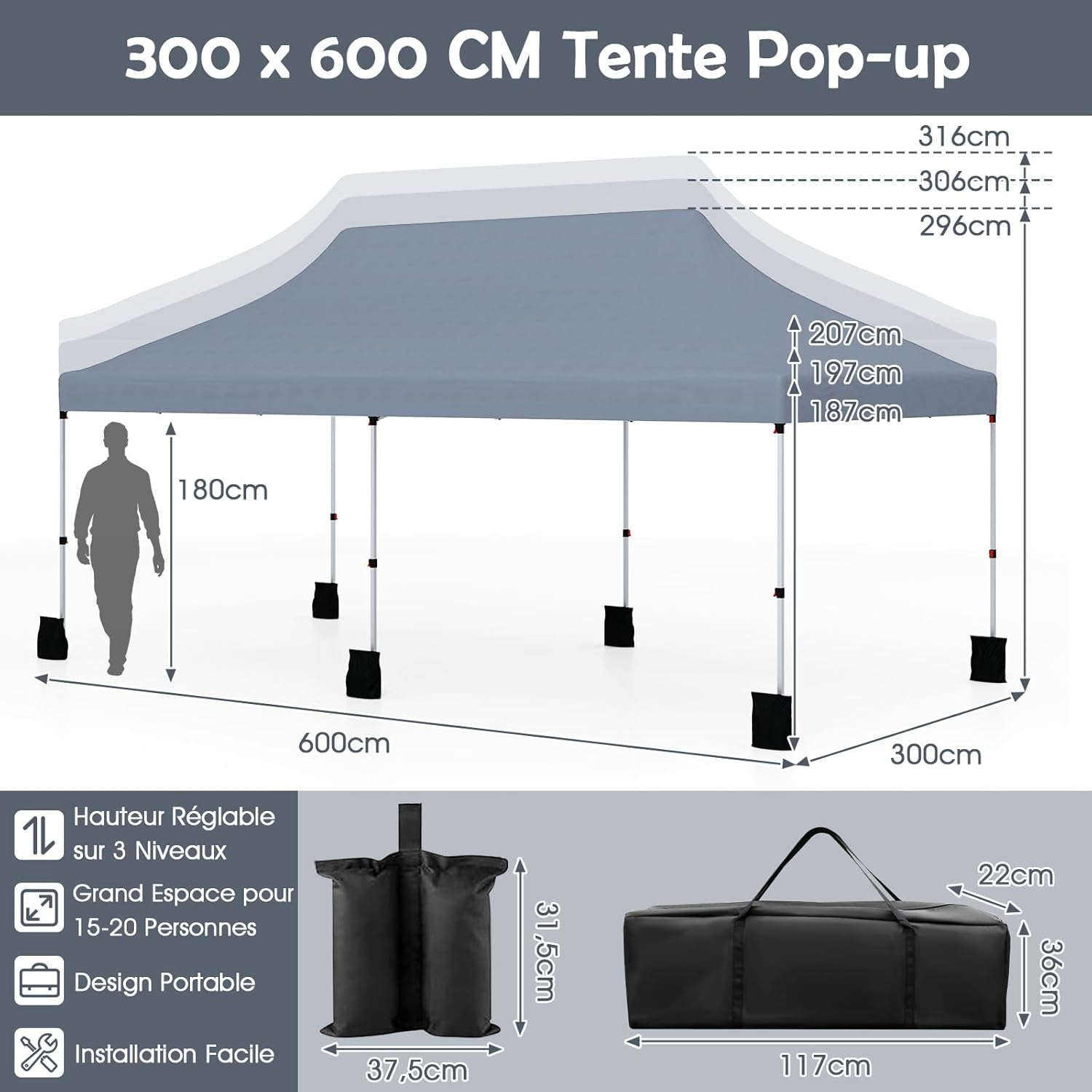 Tonnelle Jardin 3x6M Pop-Up Pliable, Hauteur Réglable, Sac de Transport, 6 Sacs de Sable, Pavillon Portable pour Fête, Mariage, Gris - 3