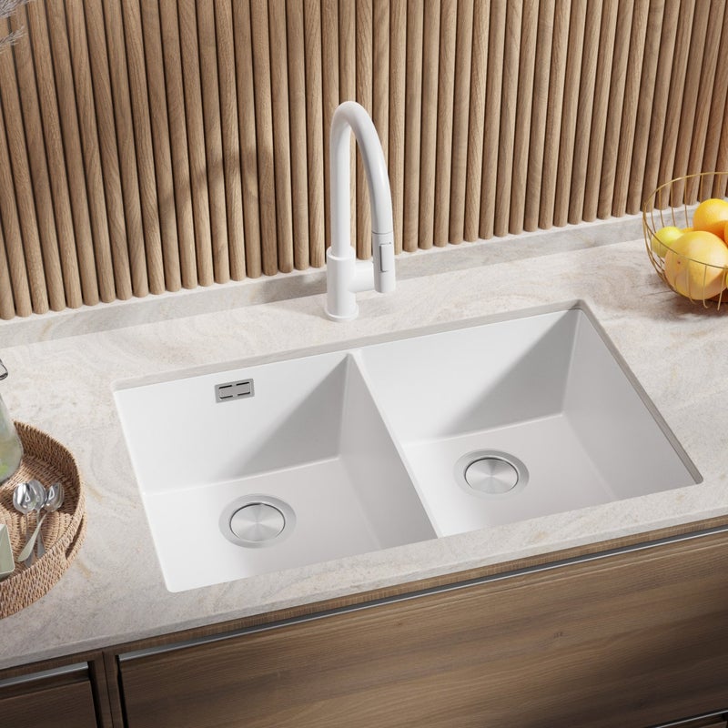 Zlewozmywak podblatowy Biały 76x47cm, Zlew Kuchenny 2 Komorowy + Syfon, do szafki od 80cm - Londyn Twin PRIMAGRAN