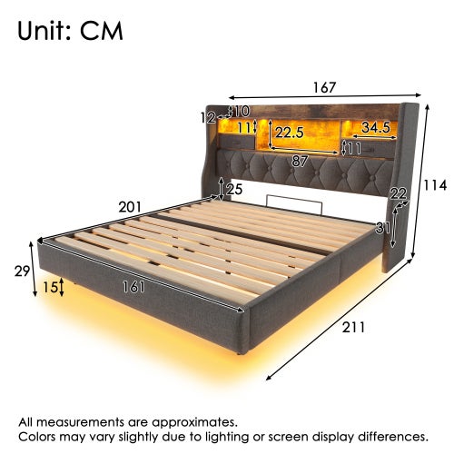 Lit 160x200 avec 1 Type-C 3 Ports USB et LED, Lit Double Flottant avec tête de de Rangement et sommier à Lattes, Lin Gris (Sans Matelas) - 9