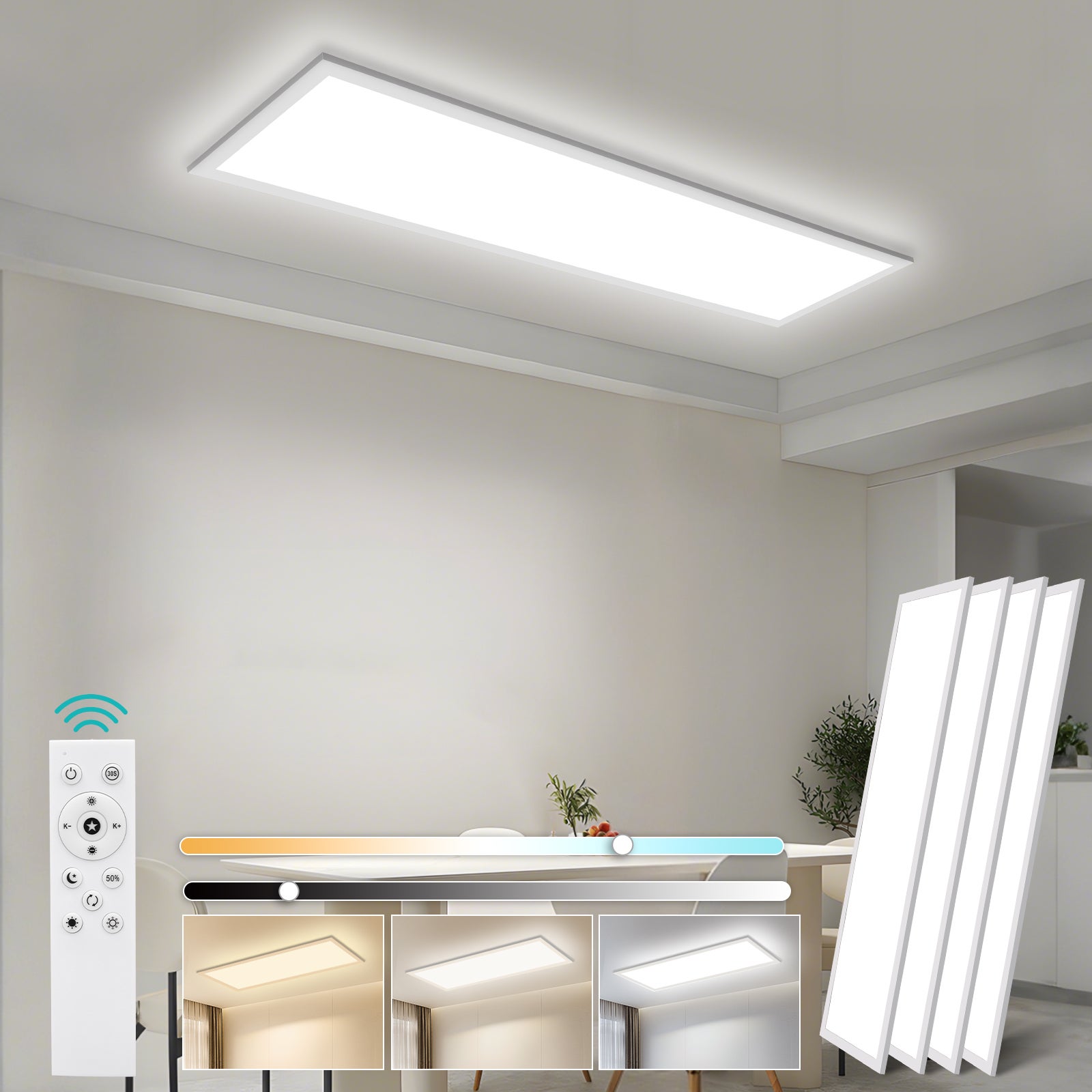 LOVHAUS 4PCS Lampa Sufitowa LED 30W Biała, Panel LED Prostokątny 100x25 cm, Nowoczesna Lampa Sufitowa Ściemniająca z Pilotem do Biura Kuchni