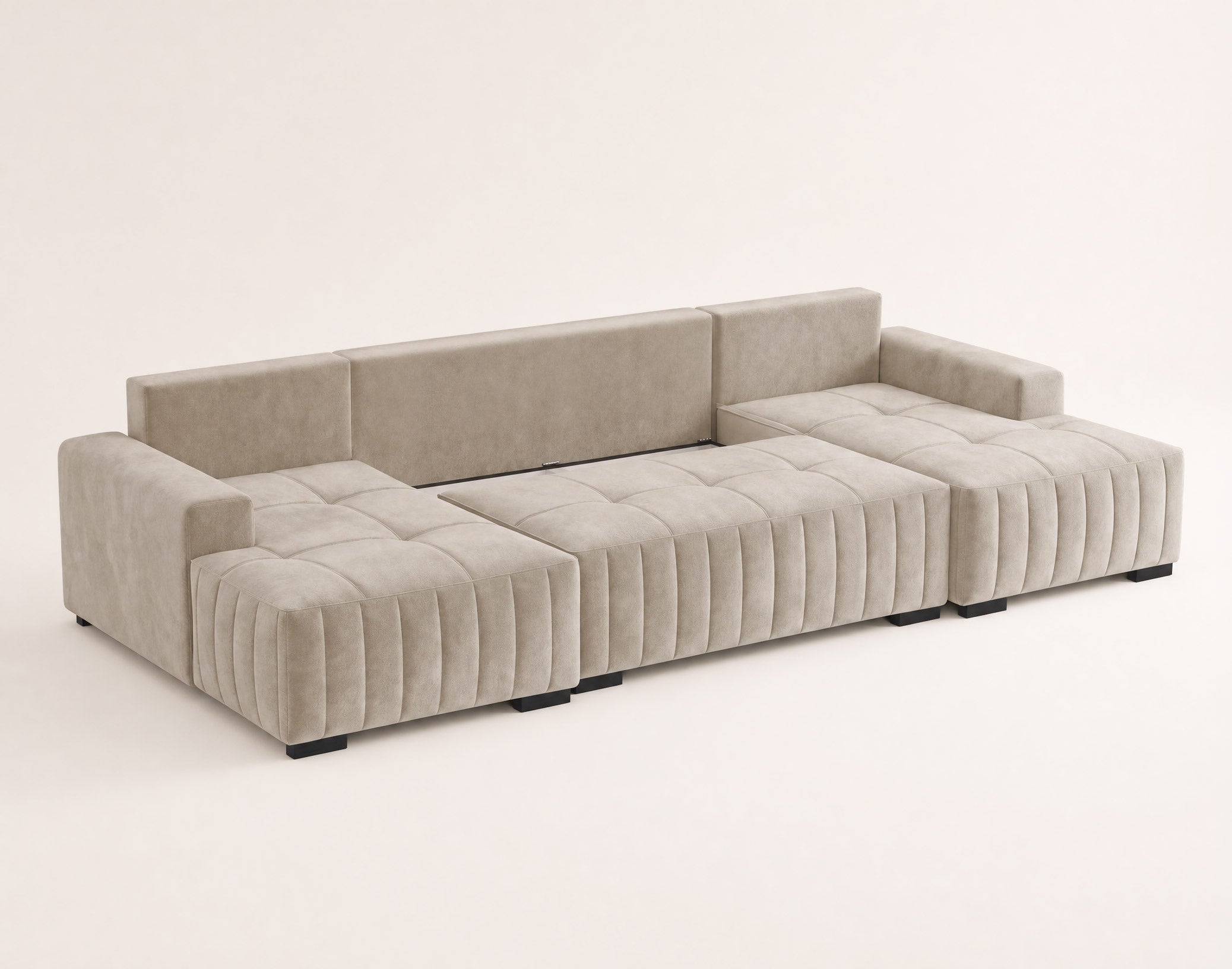 Canapé panoramique 7 places avec coffre en velours Beige - LAZARE - Best Mobilier - 5