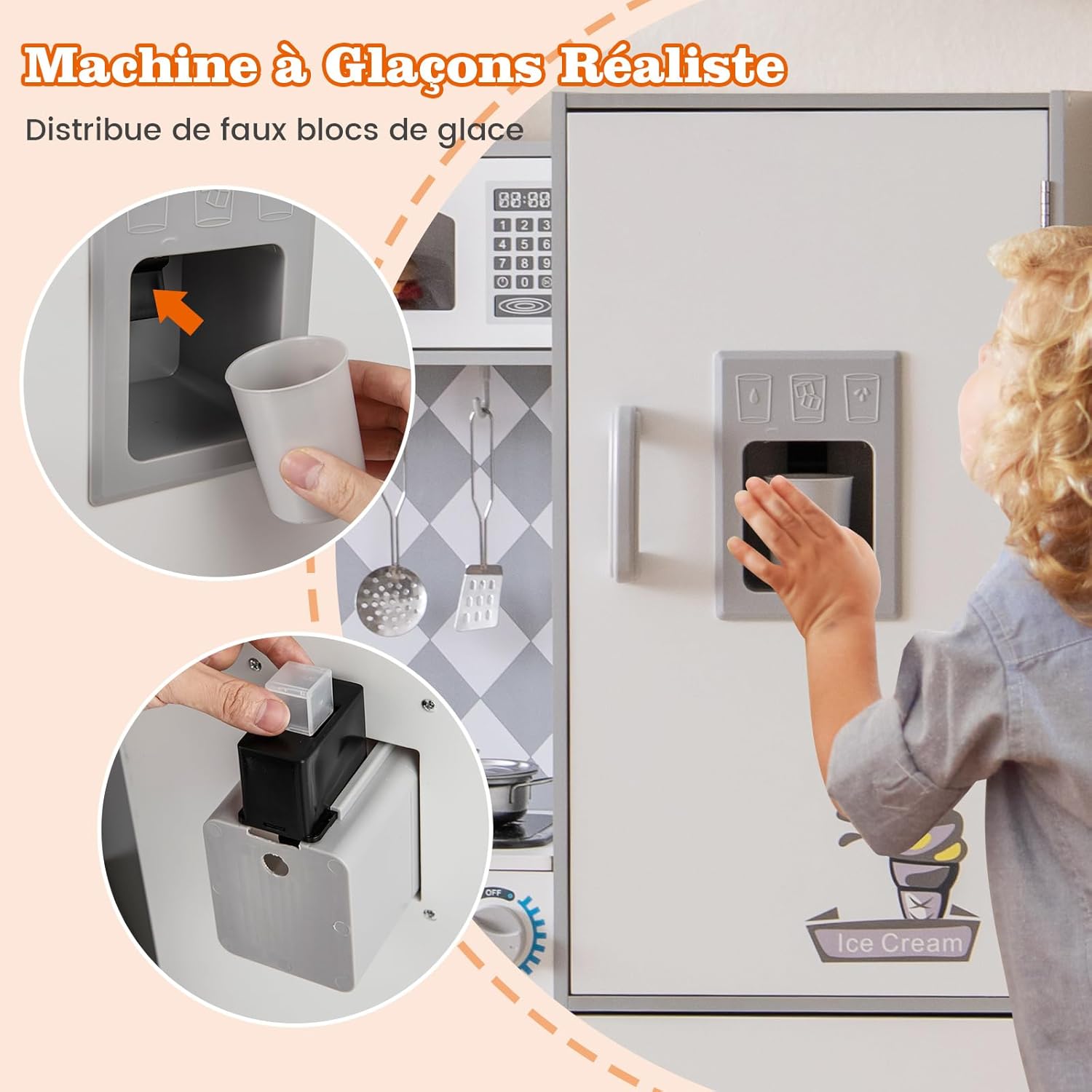 Cucina Giocattolo per Bambini, Cucina per Bambini in Legno con Forno, Microonde, Macchina del Ghiaccio, Lavatrice, Lavello e Rubinetto, Con Su - 3