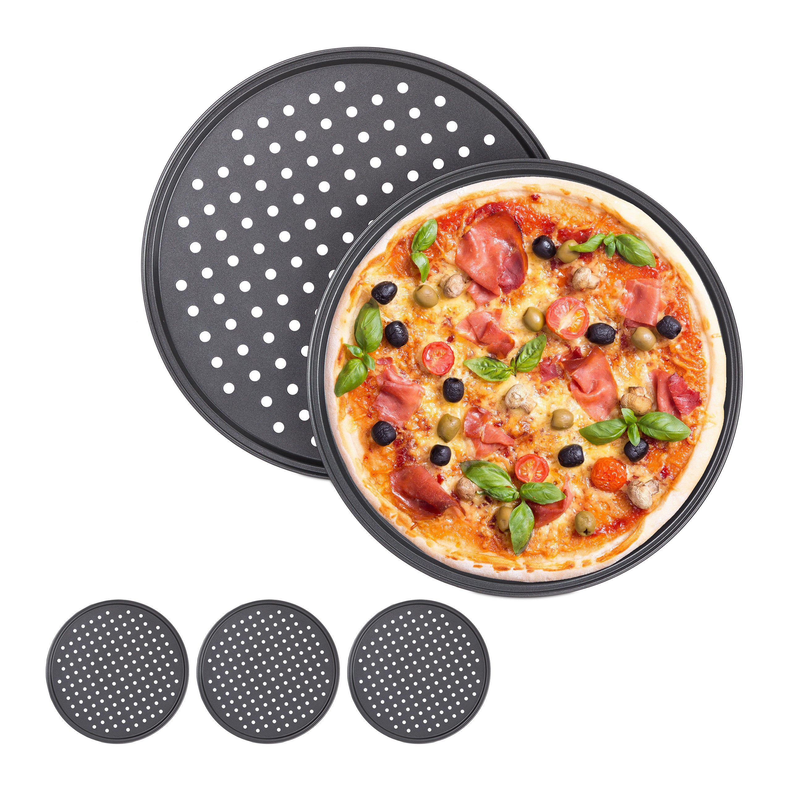 Lot De 5 Plaques à Pizza Perforées Antiadhésives - Acier Anthracite - Diamètre 32 Cm - Pour Pizzas Et Tartes Flambées Croustillantes - 10