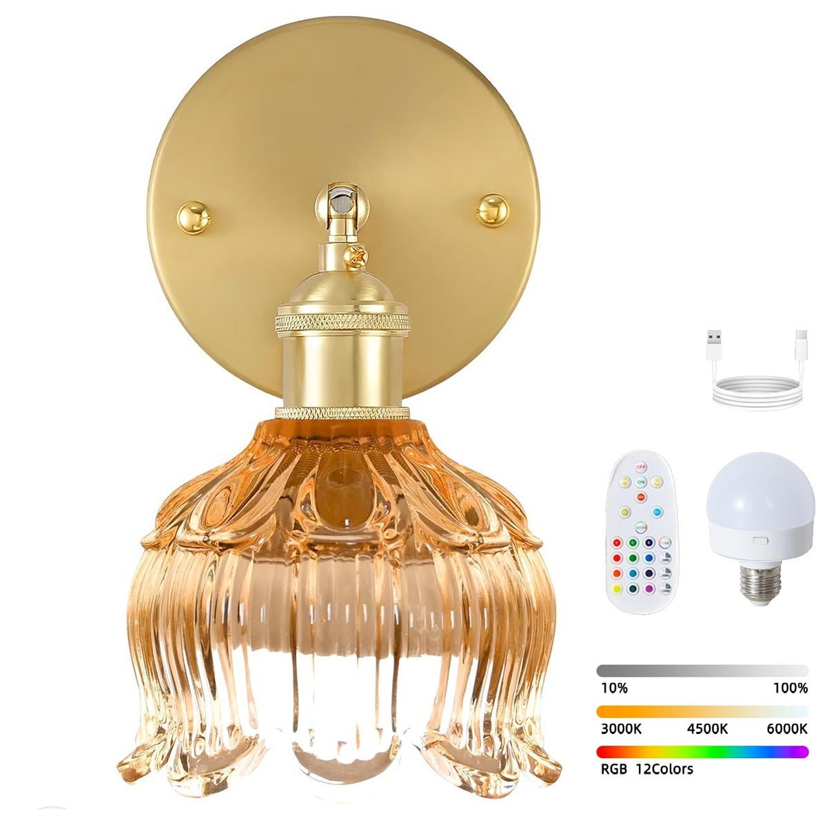 Bezprzewodowa lampa ścienna LED z pilotem, ładowalna lampka nocna, ściemnialna, zmiana kolorów RGB, 3000K-6000K, z żarówką