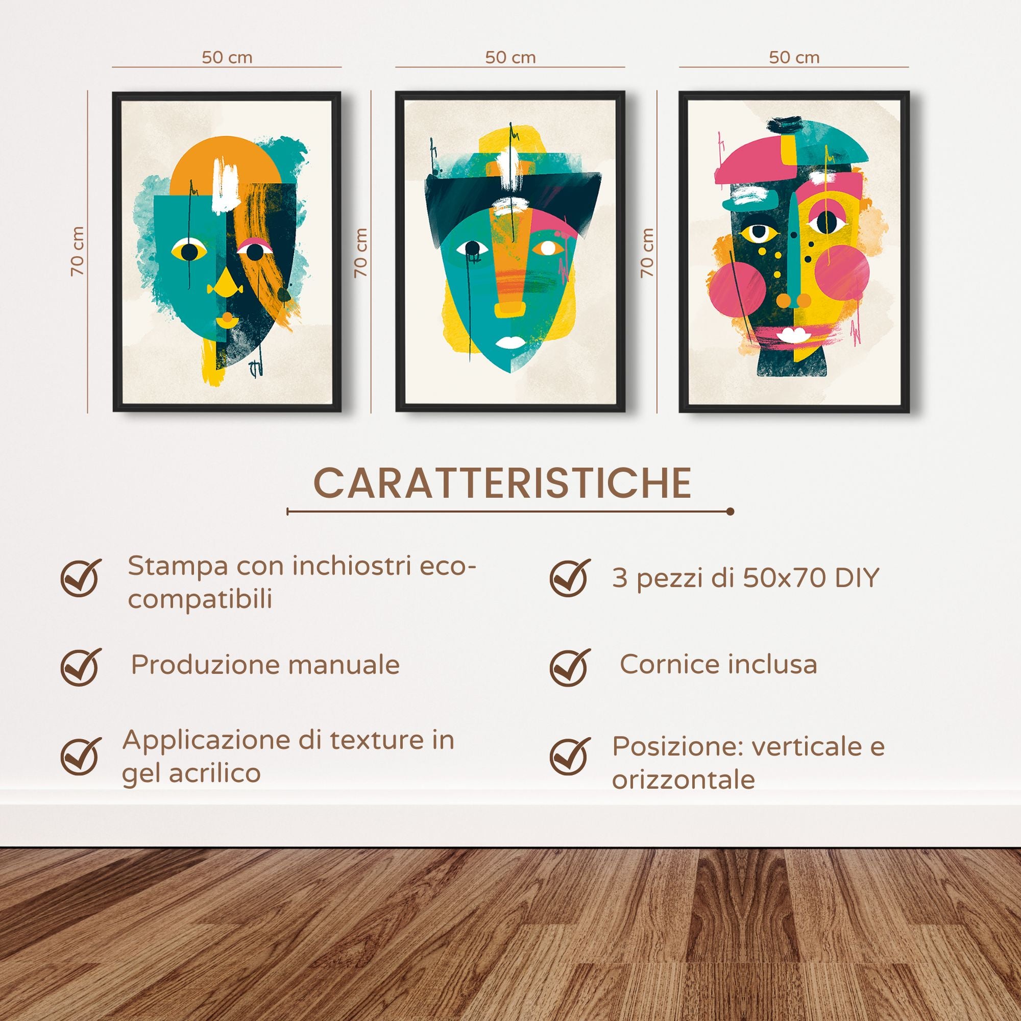 DekoArte - Cuadros decoracion salon modernos CARAS PICASSO 50x70 cm x3 piezas - Cuadros con marco negro incluido - 8