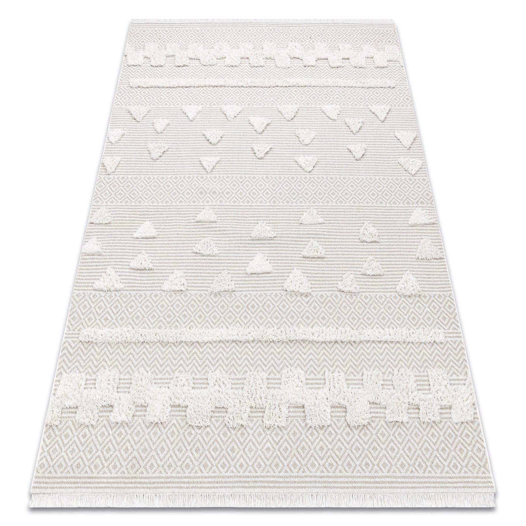 Alfombra eko sizal moroc 22321 triangulos, zigzag boho flecos, estructural - beige / crema 175x270 cm