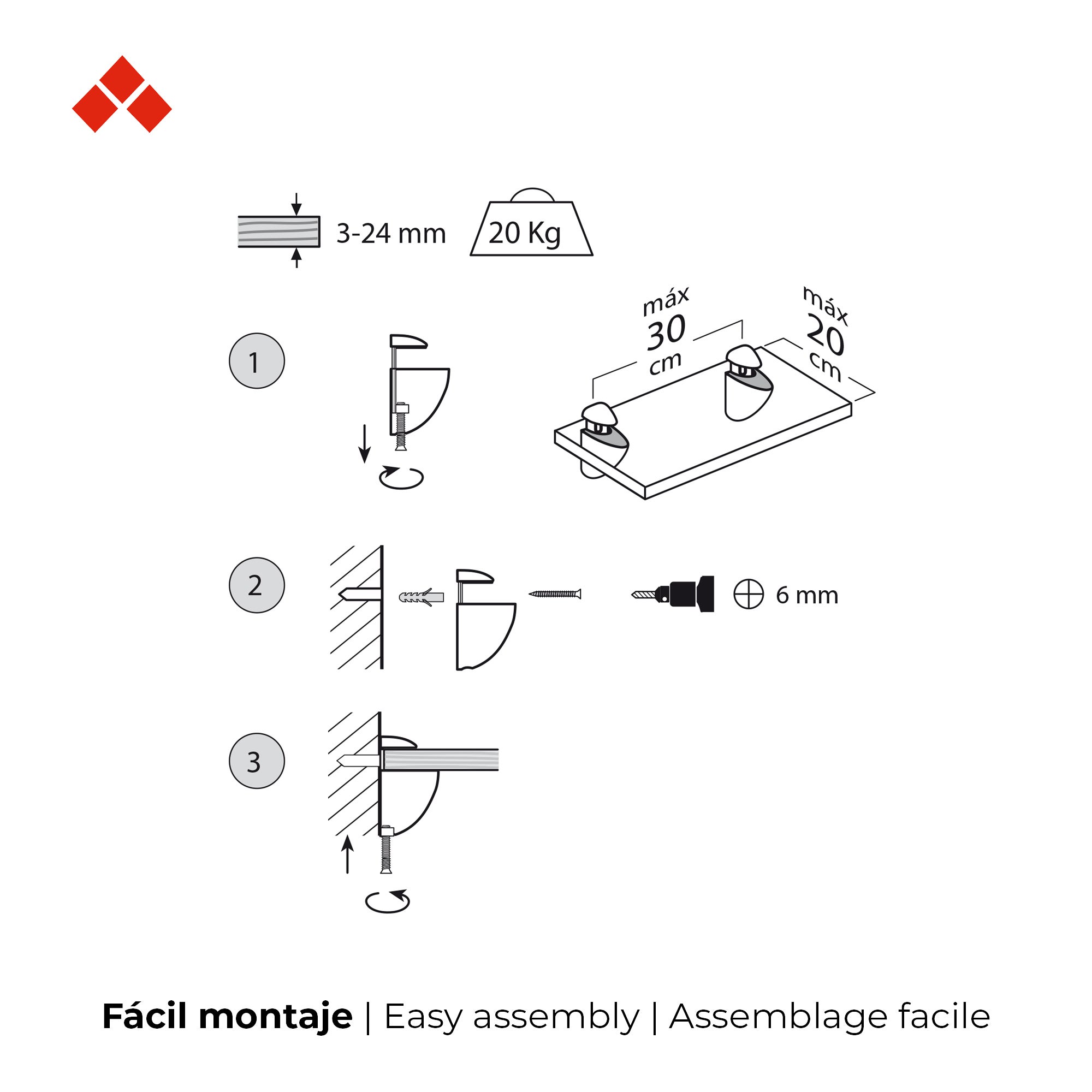 Support réglable pour étagères en verre et bois | Fabriqué en Zamac | Fini chromé brillant | Pour étagères d'une épaisseur de 3 à 24 mm | Mesures - 5