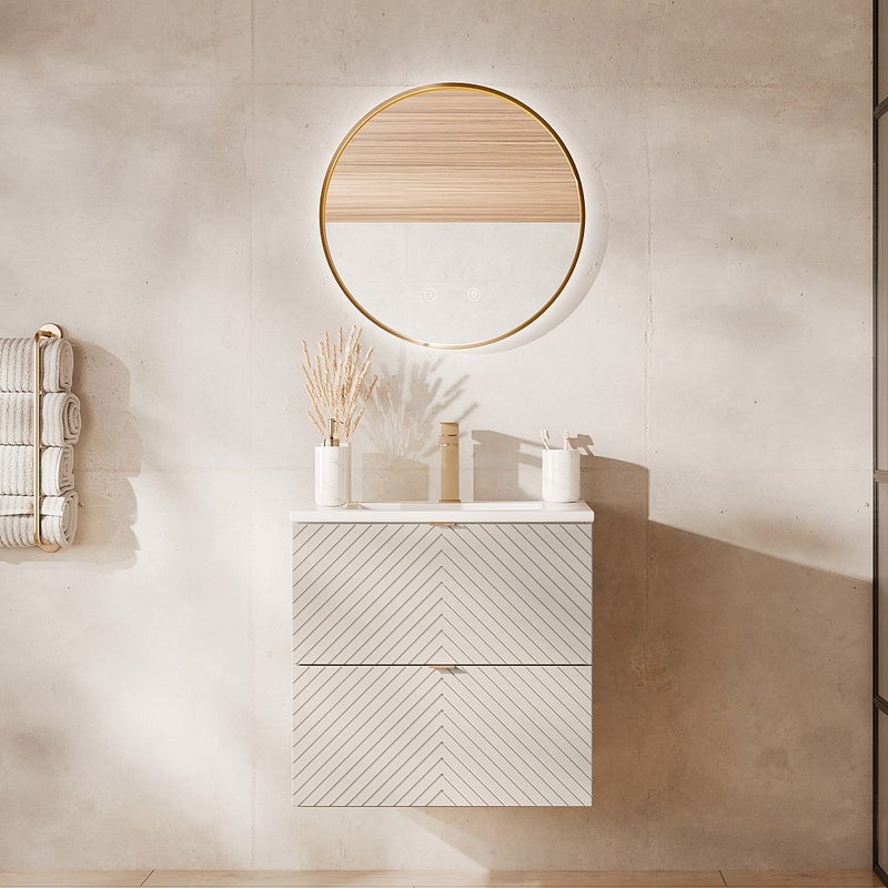 Szafka łazienkowa wisząca w jodełkę z wpuszczaną umywalką – beż – 60 cm – DORIONI