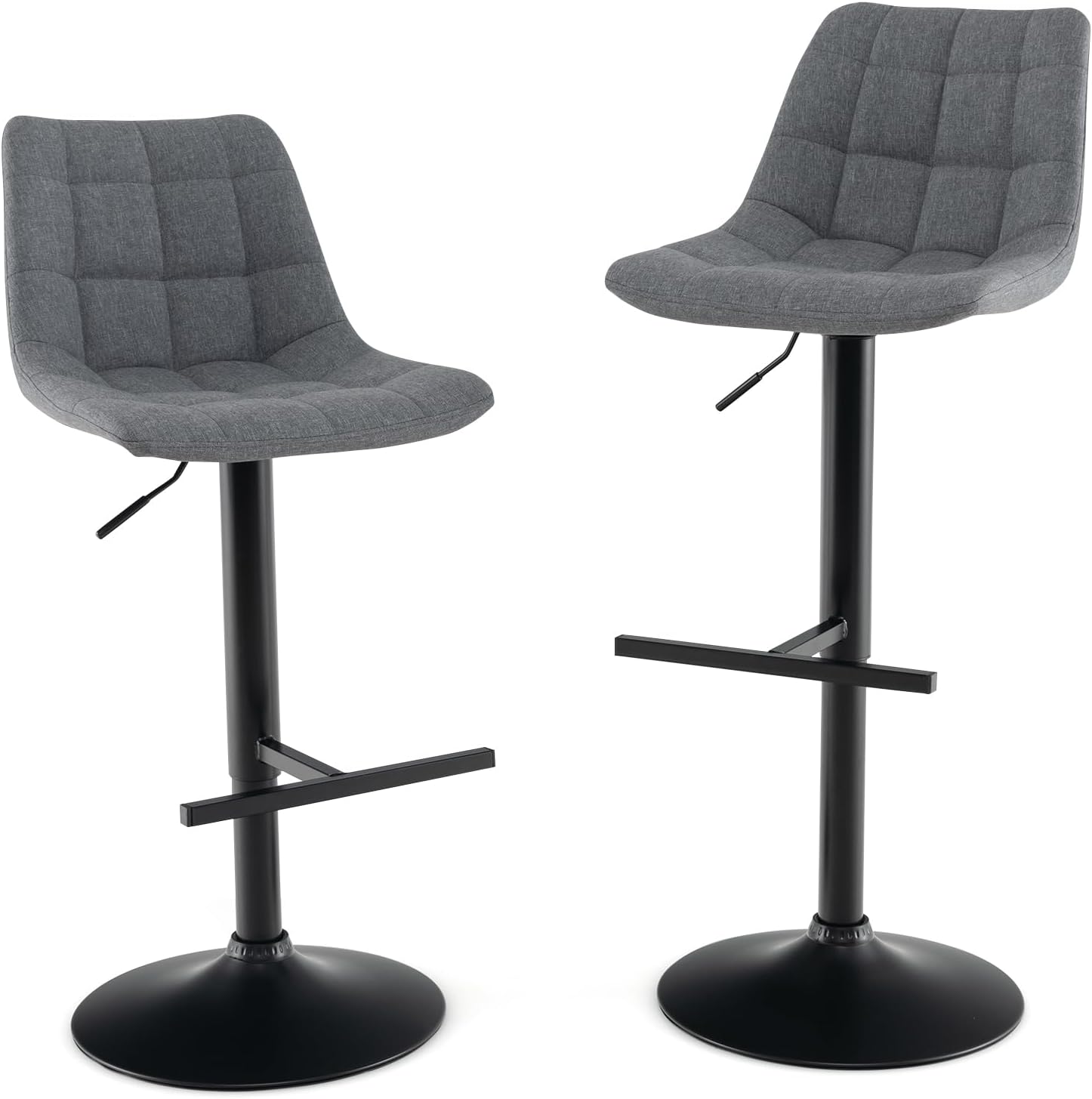 Zestaw 2 Stołków Barowych z Tkaniny w Szarym, Stołki Barowe z Regulowaną Wysokością 63-83 cm, Wyściełane Siedzisko, Obrót o 360°, Barowe z Podnóżkiem