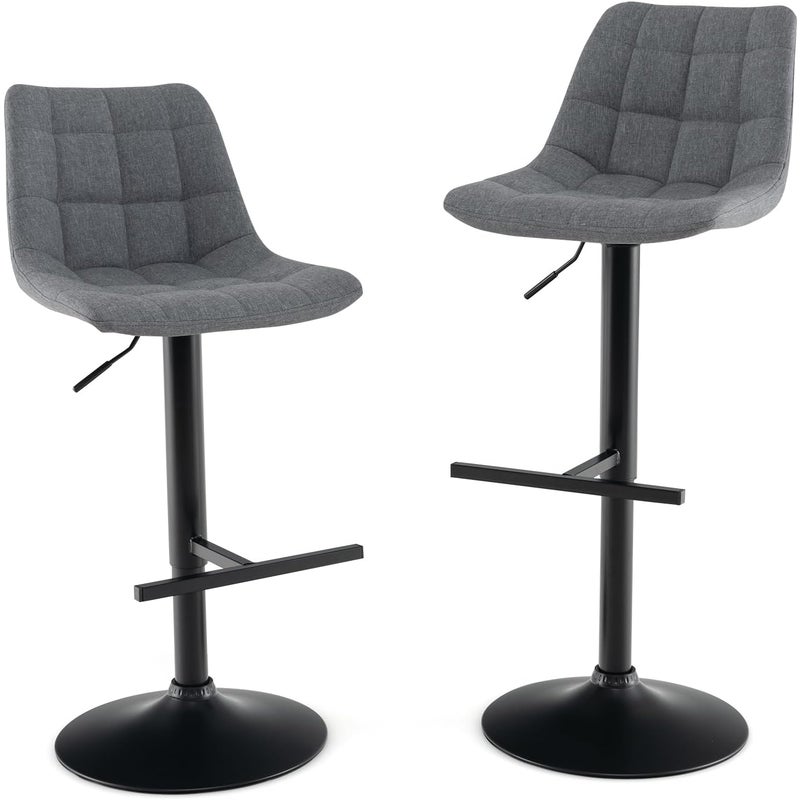 Zestaw 2 Stołków Barowych z Tkaniny w Szarym, Stołki Barowe z Regulowaną Wysokością 63-83 cm, Wyściełane Siedzisko, Obrót o 360°, Barowe z Podnóżkiem