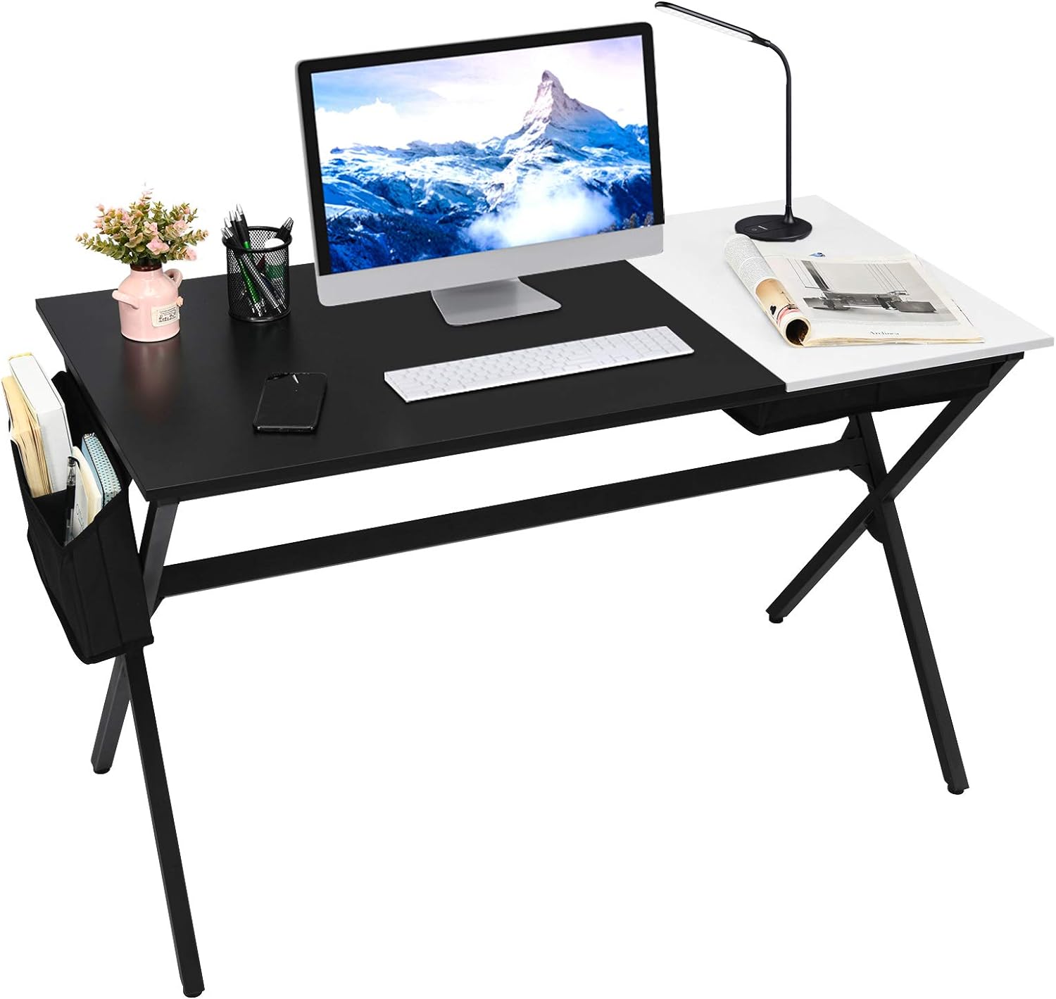 Biurko ze składanym blatem, stolik komputerowy z kieszenią boczną i metalową ramą, nowoczesny stół z drewna, do gabinetu, 120 x 60 x 73,5 cm