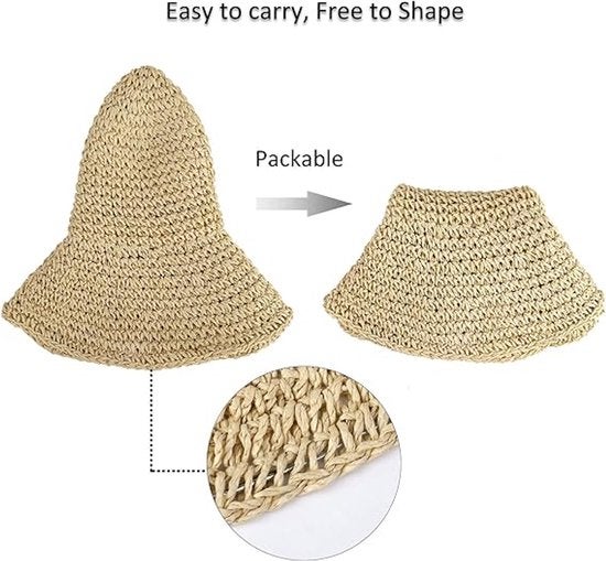 Chapeau de paille pour femme - Chapeau de plage pliable à large bord - Été et vacances - Beige - Taille unique - 4