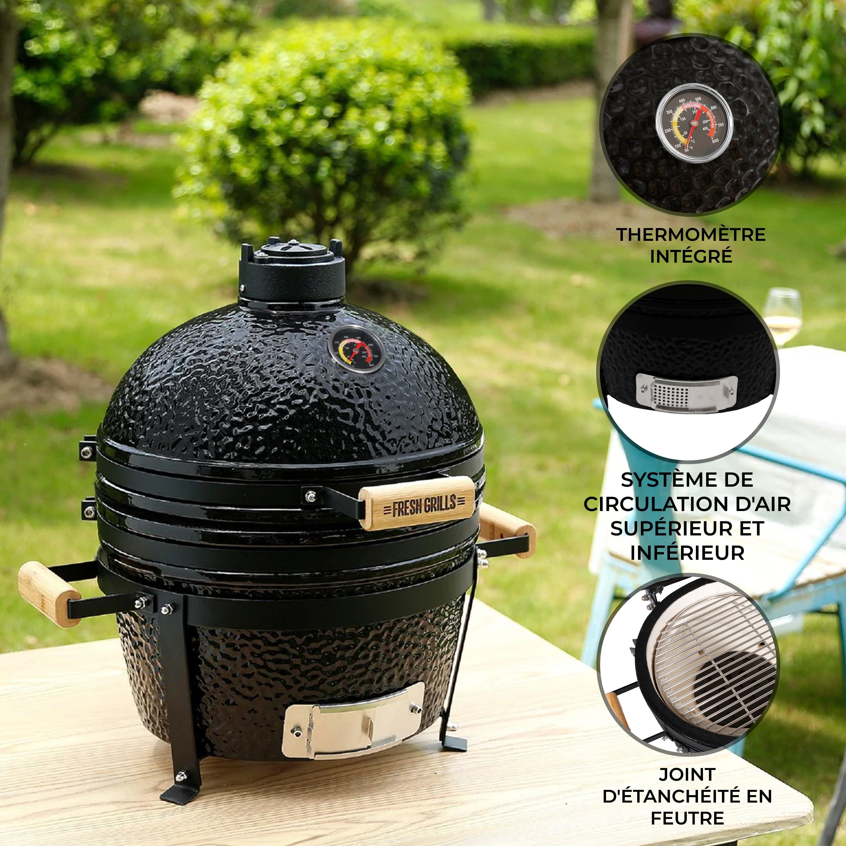 Griglia Kamado In Ceramica - Barbecue A Carbone Con Affumicatore E Termometro Per Cucina All'Aperto