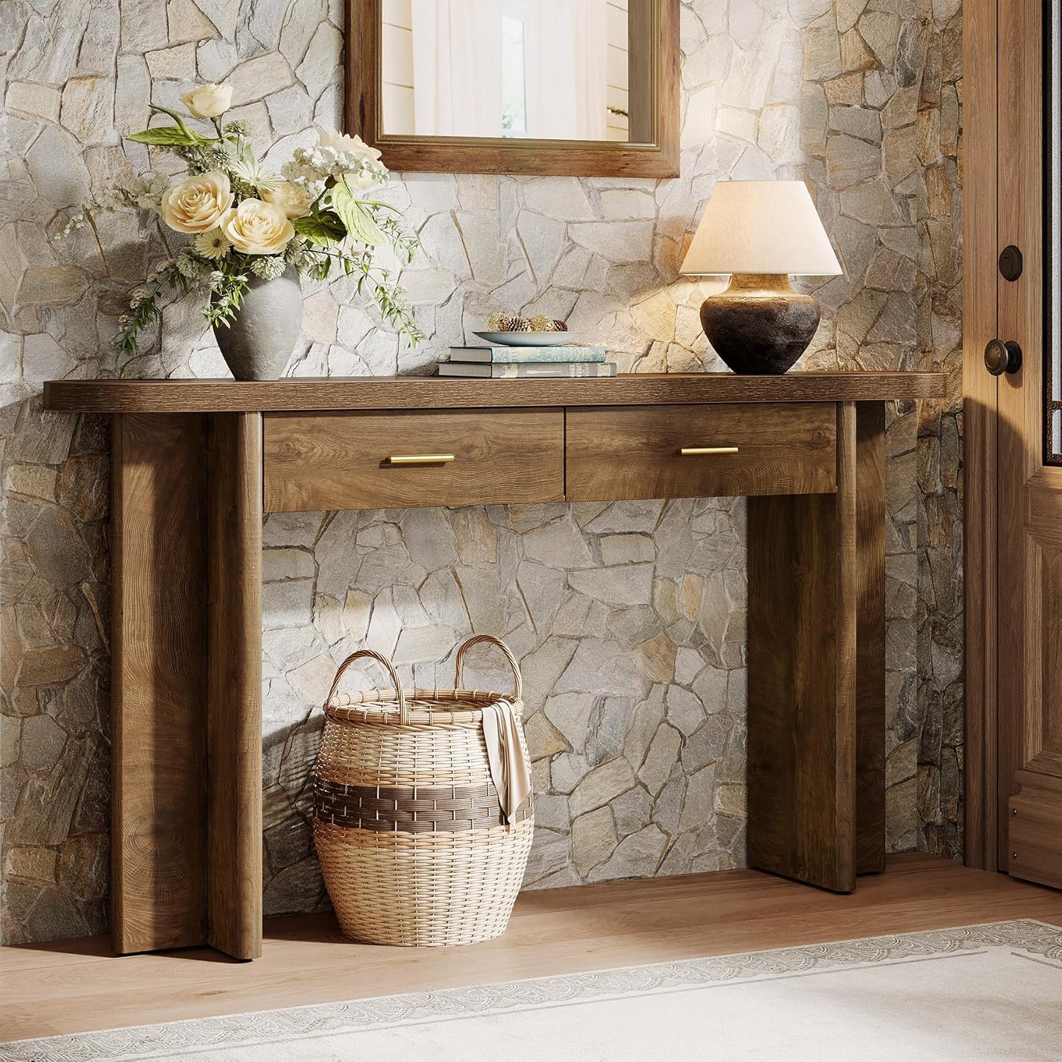 Tribesigns Console 160 cm avec 2 tiroirs - Style fermier élégant et rangement pratique, plateau ovale courbé - 2