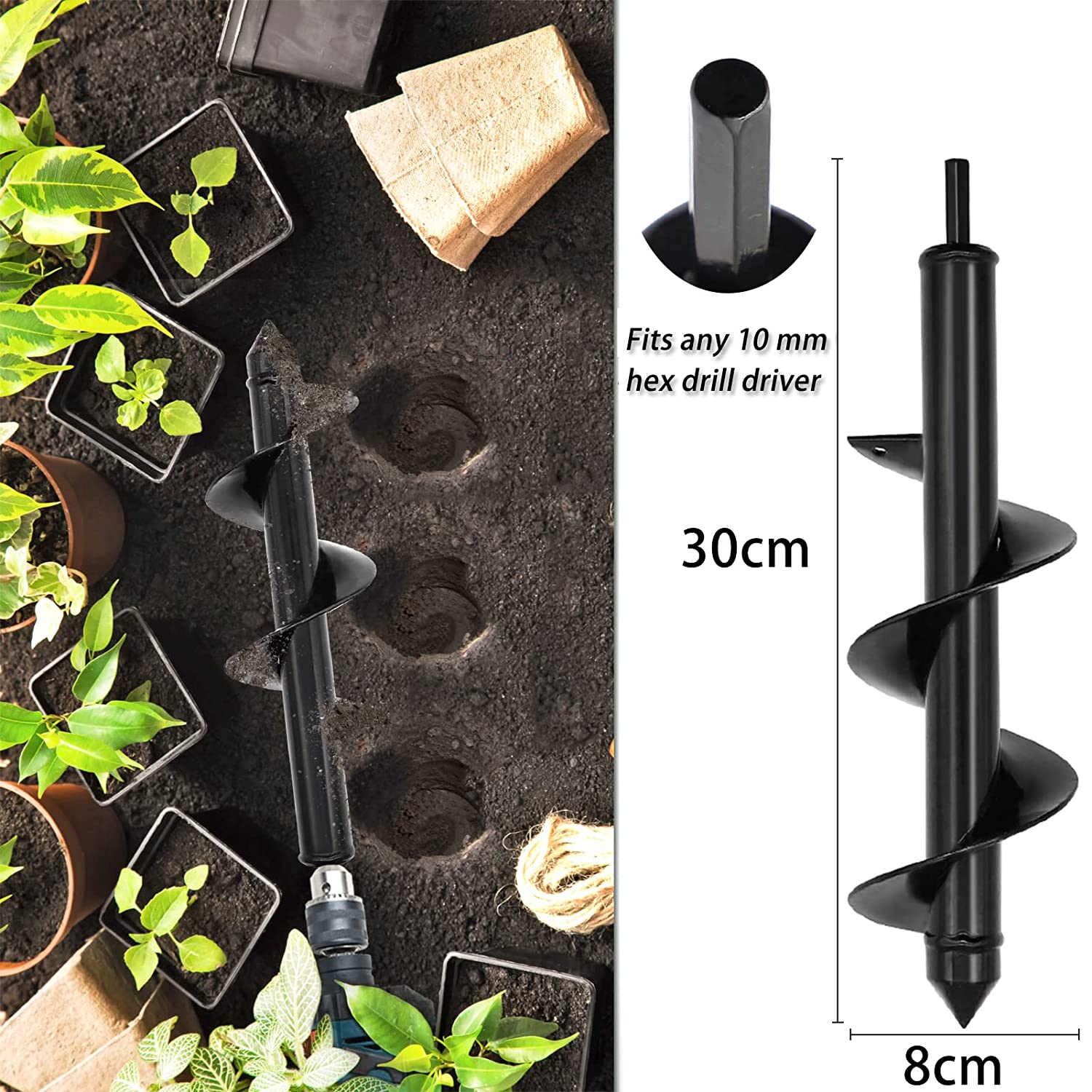 Lot de 2 tarières de jardin - Pour perceuse à main - Pour planter des plantes, cultiver, creuser des trous-8 x 30 cm et 4 x 22 cm - 3