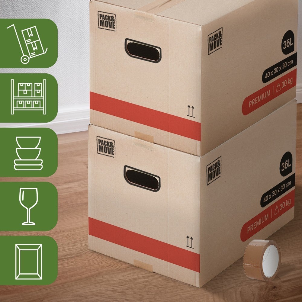 Pack and Move - Lot 20 Cartons Déménagement Livres Premium - 40 X 30 X 30 Cm - Extrême Résistance 20 KG - Poignées Renforcées - 1 Adhésif Offert - 5