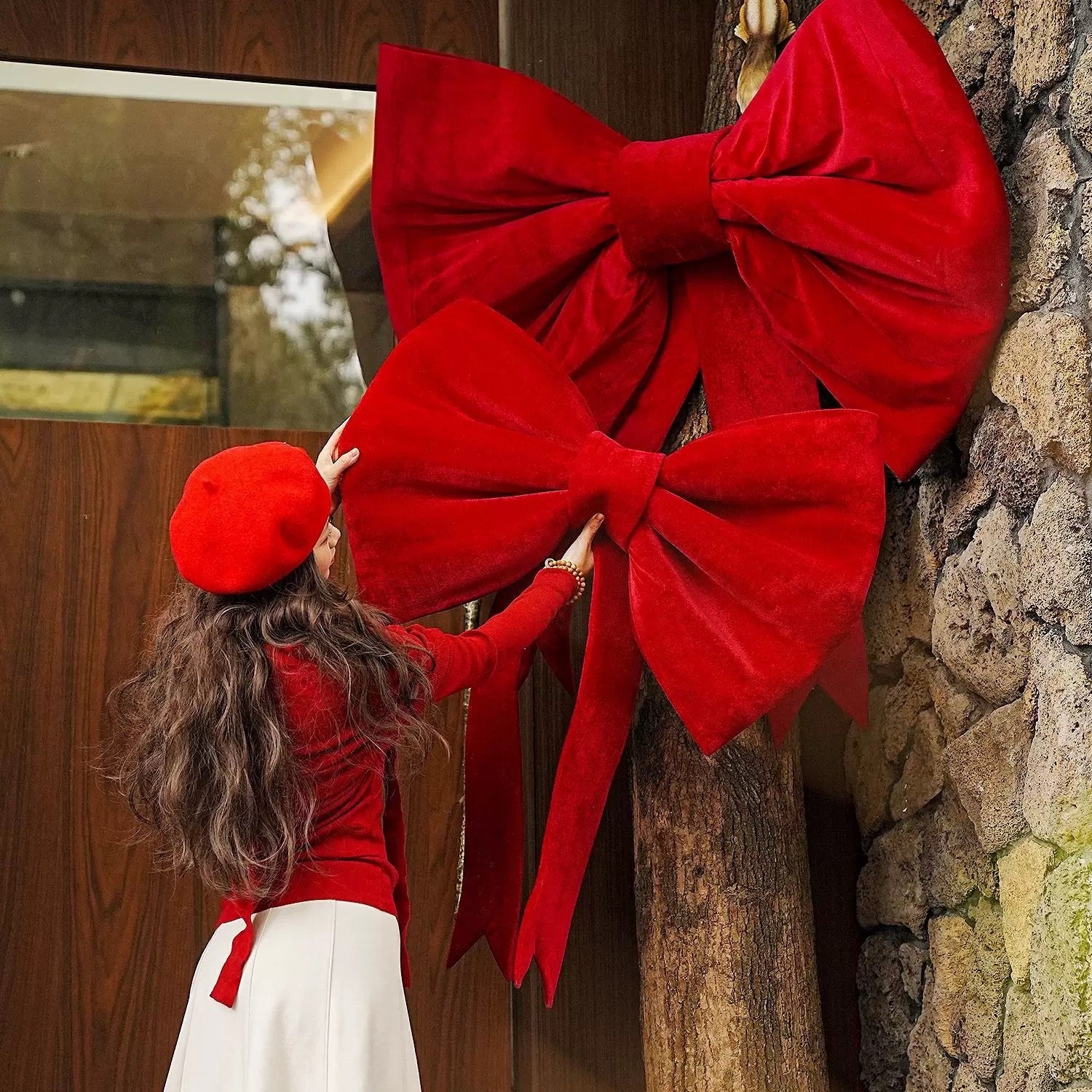 Grande fiocco decorativo rosso, fiocco di velluto, fiocco di compleanno giocoso, perfetto per matrimoni e celebrazioni, 50 x 38 cm (con coda di 3 m) - 5