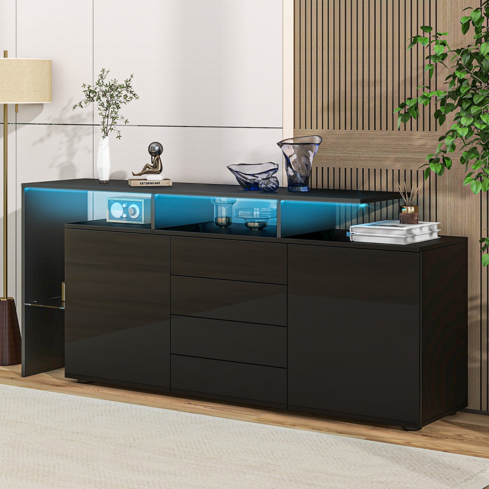 Buffet 160x35x70cm - z oświetleniem LED - 4 szuflady i 2 fronty - Błyszczące wykończenie - Płyty wiórowe - Czarny - 6